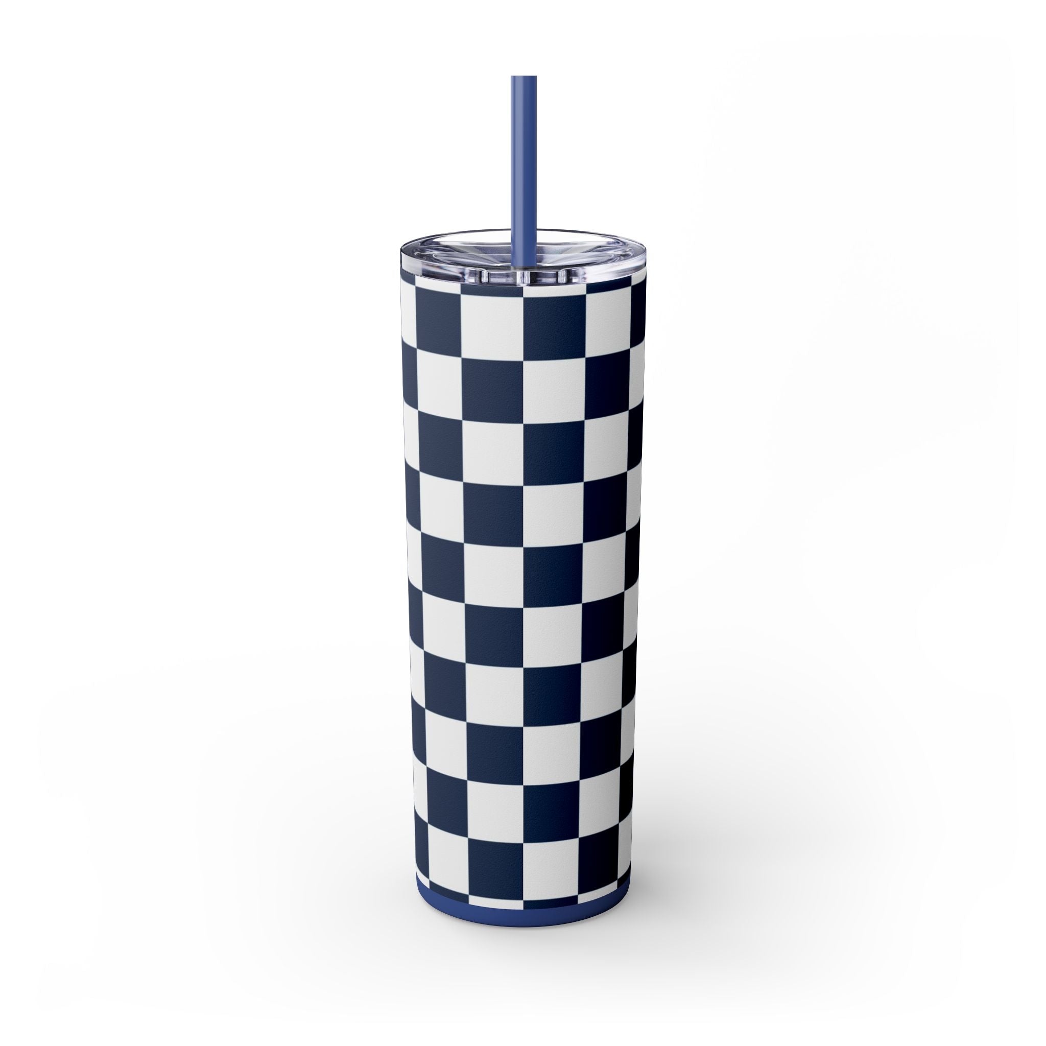 Checkerboard White and Navy Blue Skinny Tumbler with Straw, 20oz, Artsulli - Art is Long, Life is Short, Mug, , , , , , , 