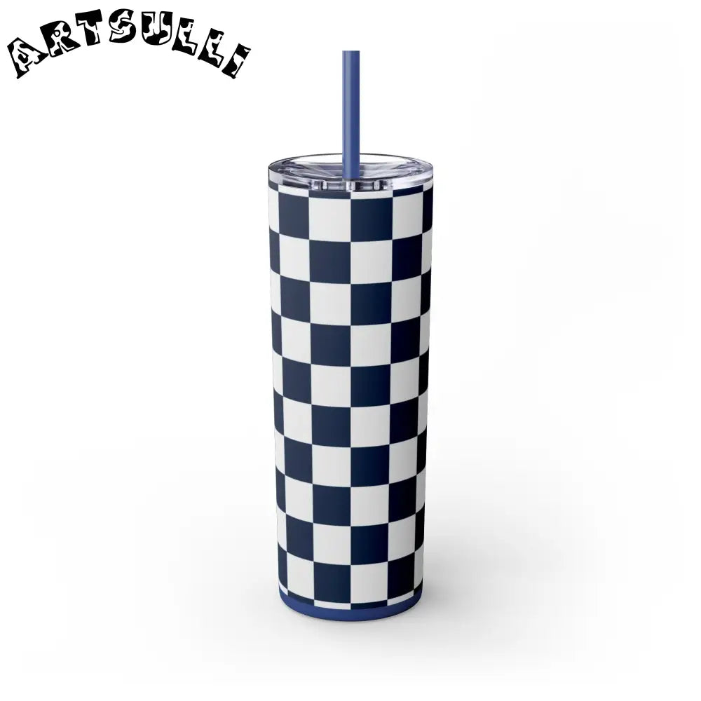 JAKKOUTTHEBXX Checkerboard White and Navy Blue Skinny Tumbler