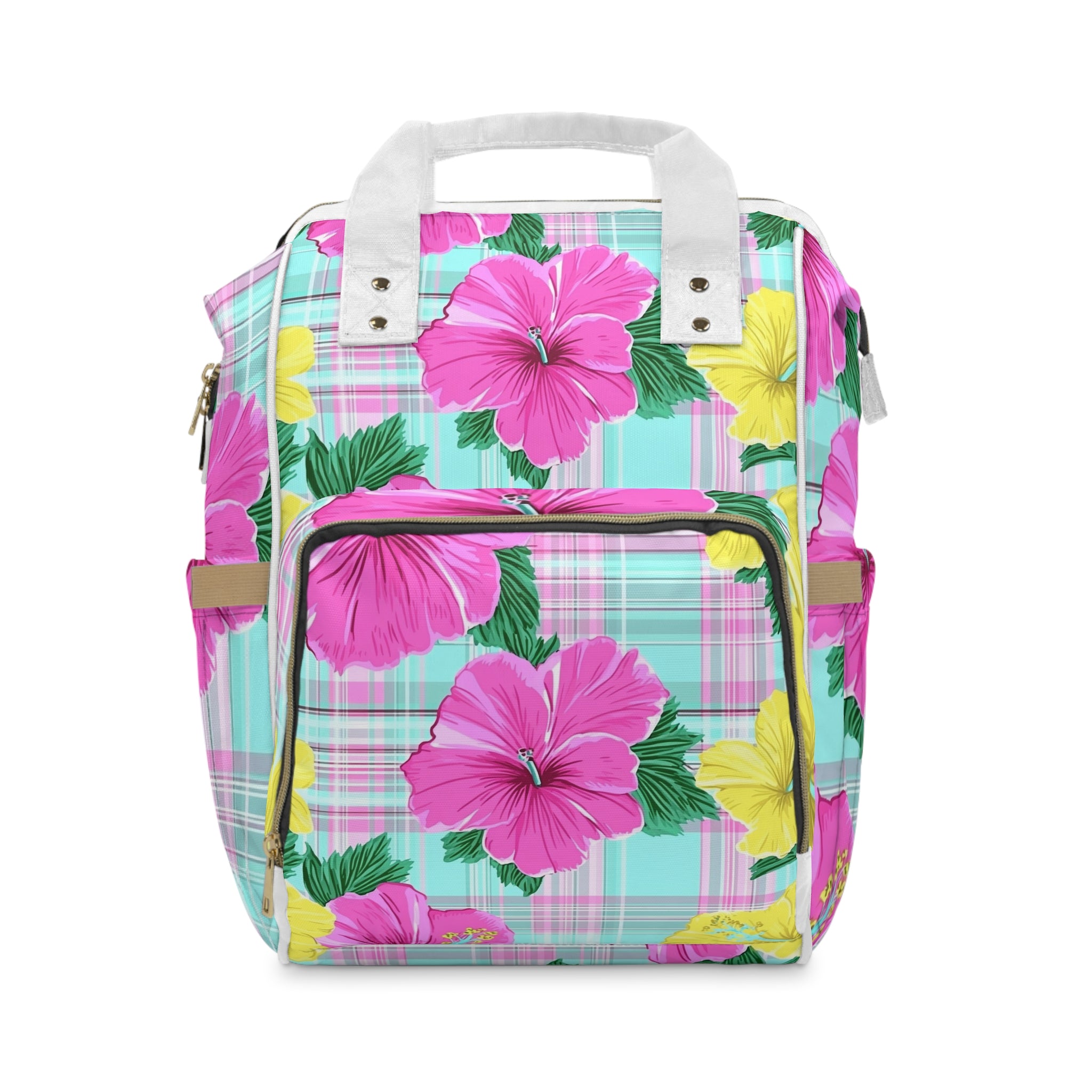 Plaid Hibiscus Pink and Yellow Multifunctional Diaper Backpack, Artsulli - Art is Long, Life is Short, Bags, Size, 15.0" × 10.8" × 6.7'', , , , , 19969128577198143864