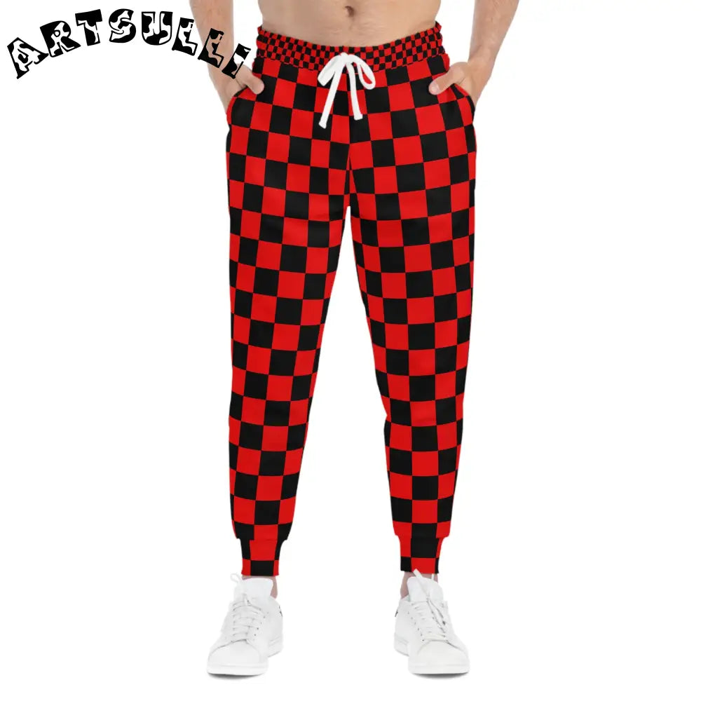 JAKKOUTTHEBXX Checkerboard Red and Black Athletic Joggers (AOP)