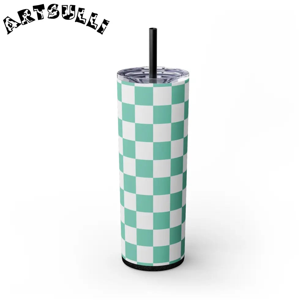 JAKKOUTTHEBXX Checkerboard Light Green Skinny Tumbler with Straw