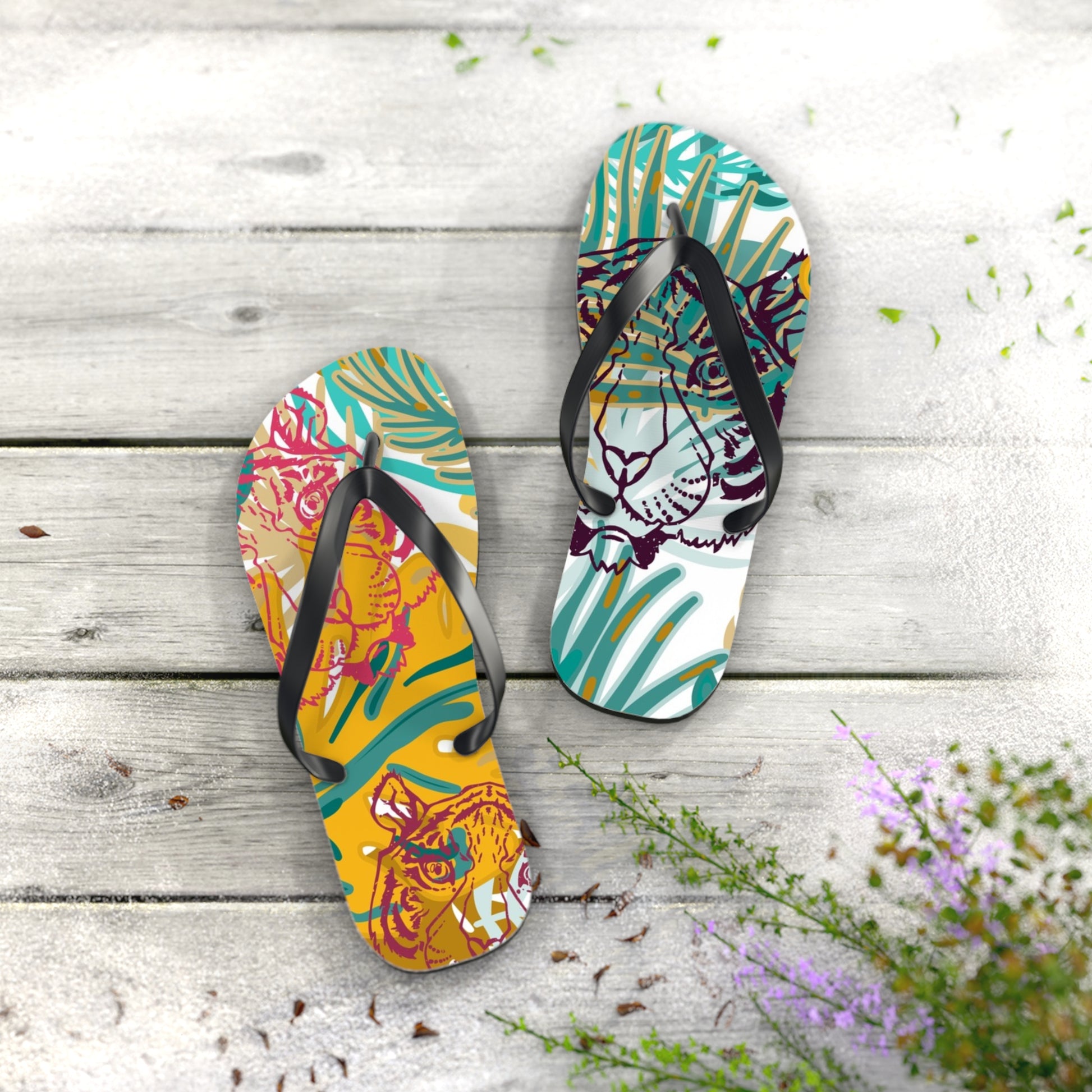 Tropical Jungle Tigers Brown and Green Flip Flops, Artsulli - Art is Long, Life is Short, Shoes, , , , , , , 