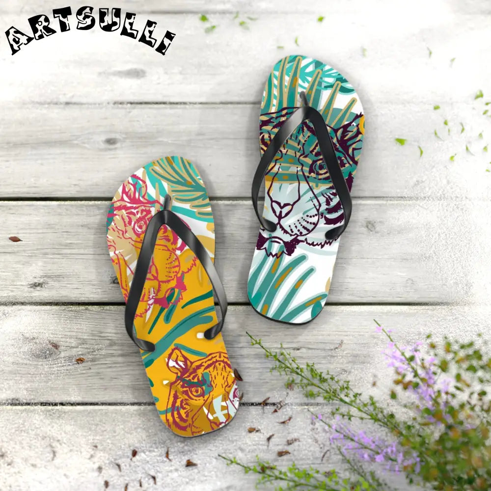 JAKKOUTTHEBXX Tropical Jungle Tigers Brown and Green Flip Flops