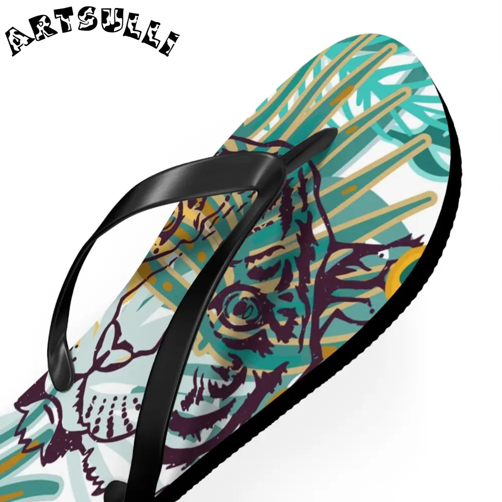 JAKKOUTTHEBXX Tropical Jungle Tigers Brown and Green Flip Flops