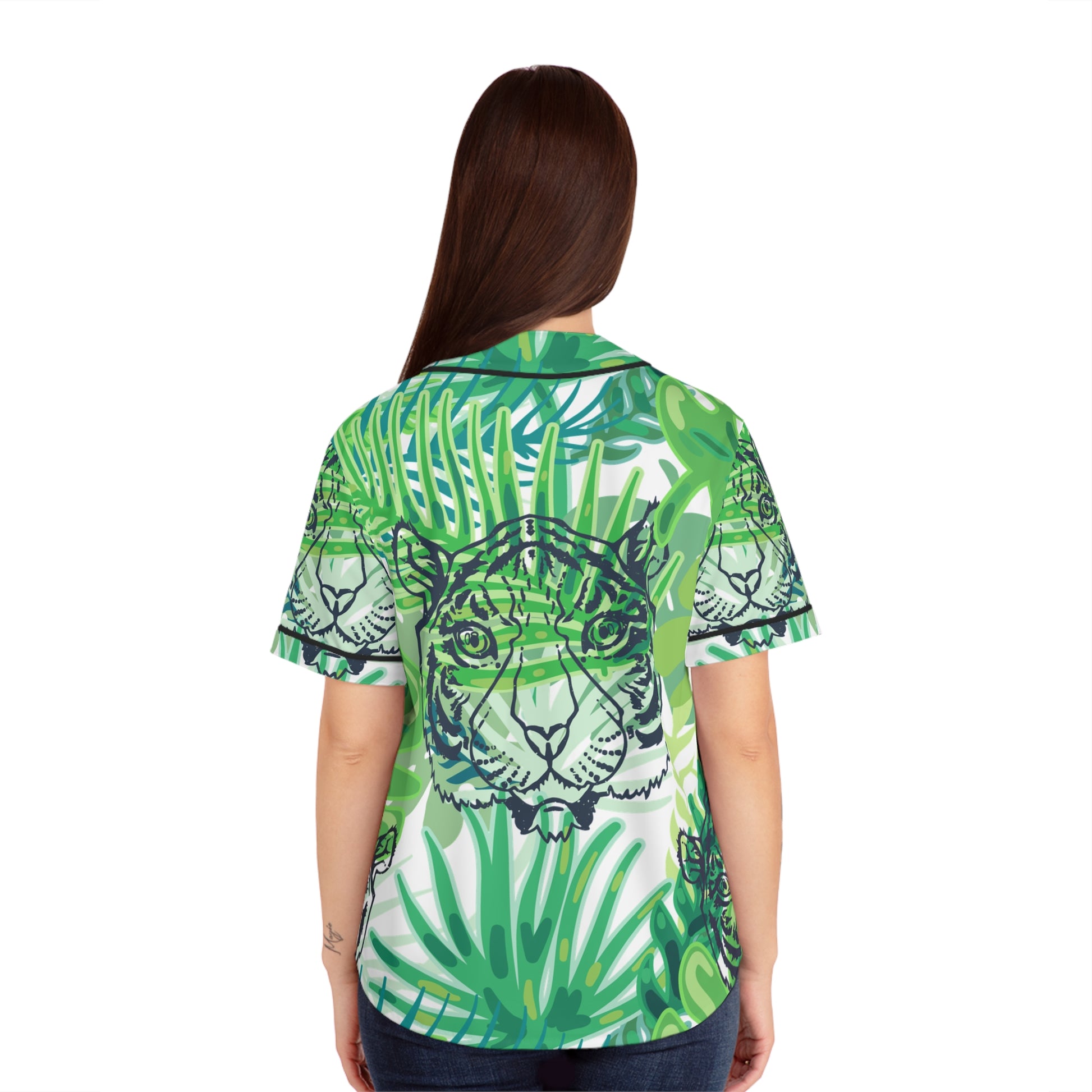 Tropical Jungle Tigers Green Women's Baseball Jersey (AOP), Artsulli - Art is Long, Life is Short, All Over Prints, , , , , , , 