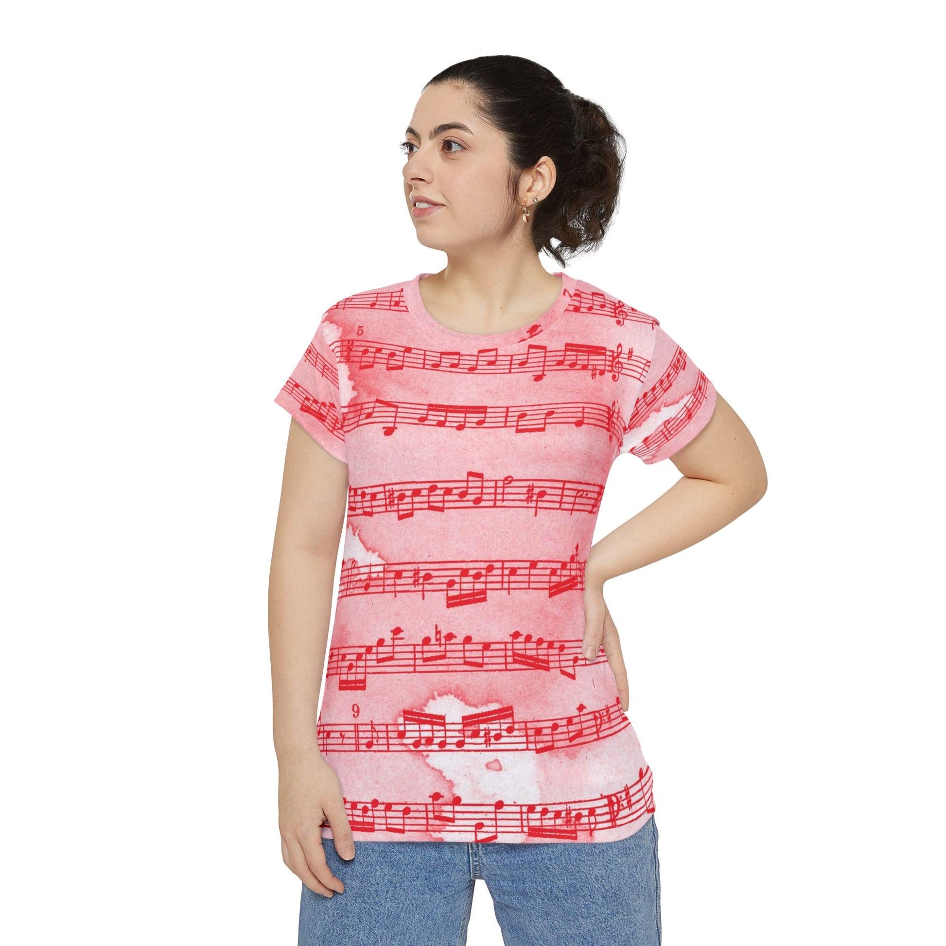 Drip Spill Type Beat Sheet Music Red Women's Short Sleeve Shirt (AOP), Artsulli - Art is Long, Life is Short, All Over Prints, , , , , , , 