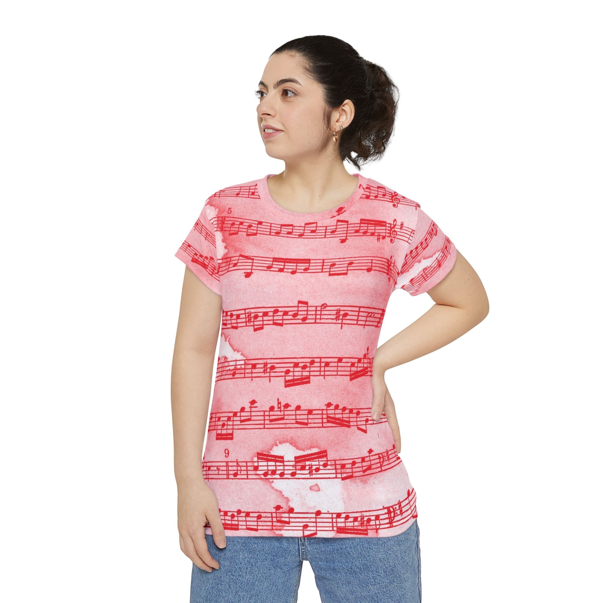 Drip Spill Type Beat Sheet Music Red Women's Short Sleeve Shirt (AOP), Artsulli - Art is Long, Life is Short, All Over Prints, , , , , , , 