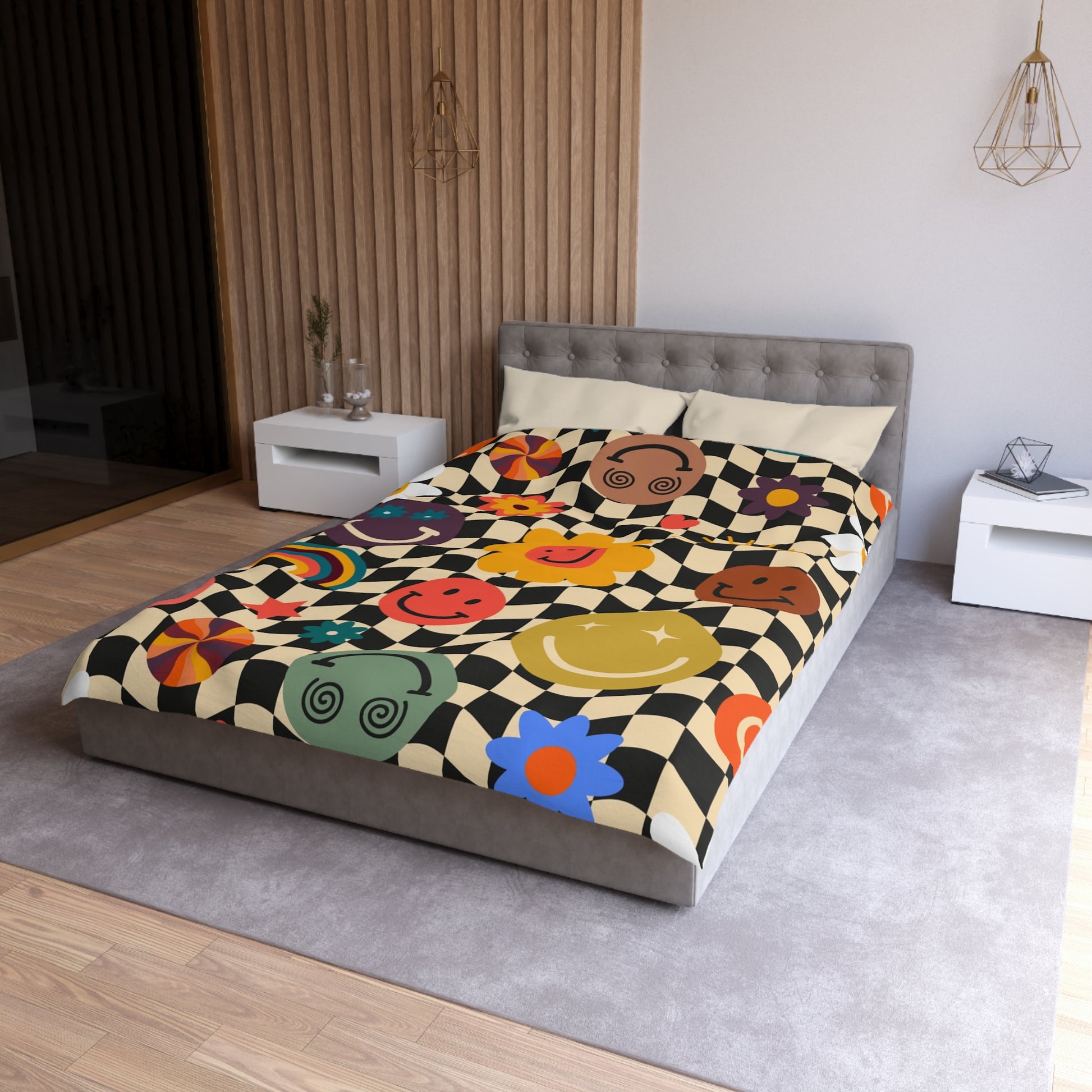 Trippy x Wavy Checkerboard x Smiley Face x Rainbow x Flowers Multi-Color Microfiber Duvet Cover, Artsulli - Art is Long, Life is Short, Home Decor, , , , , , , 