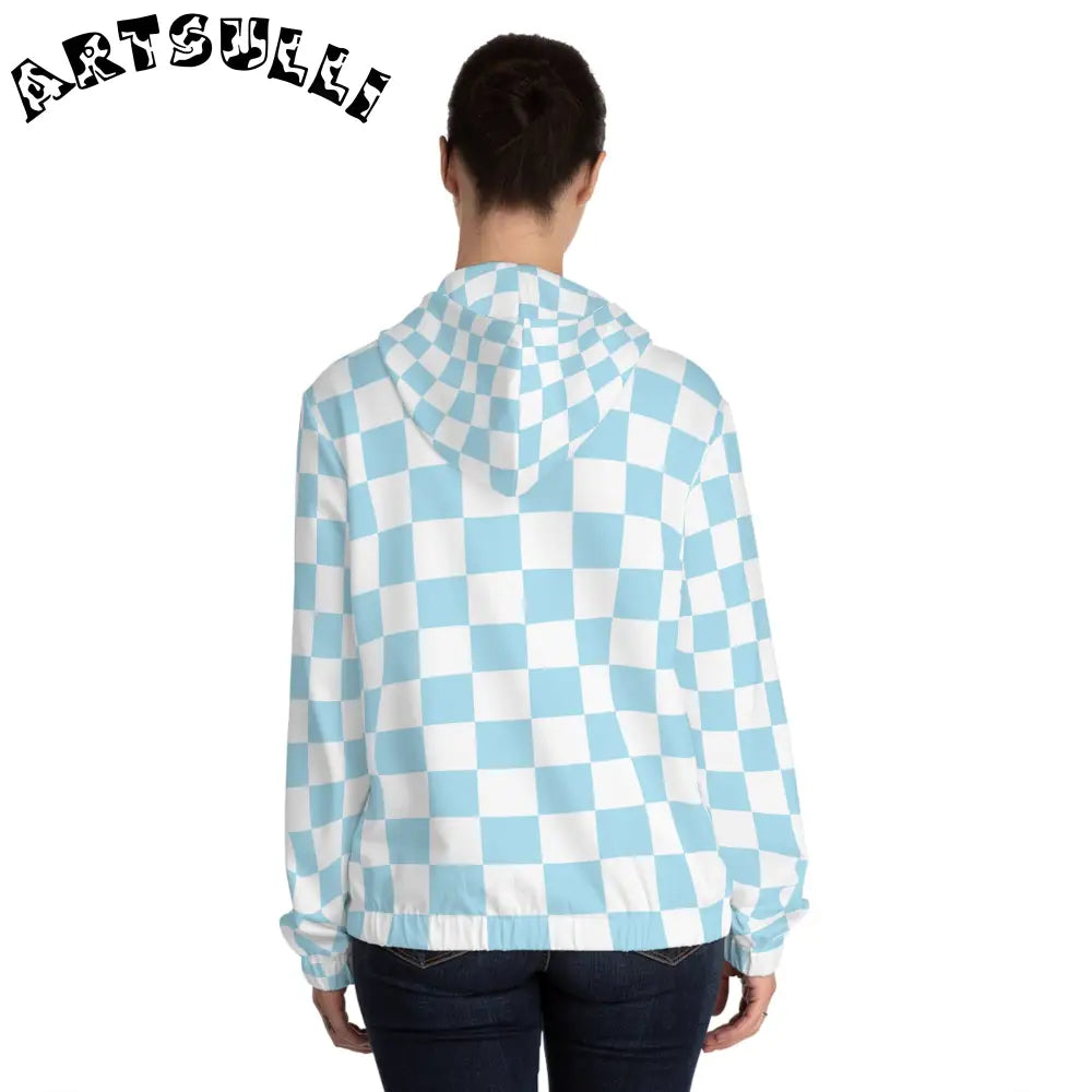 JAKKOUTTHEBXX Checkerboard Sky Blue Women’s Full-Zip Hoodie (AOP)