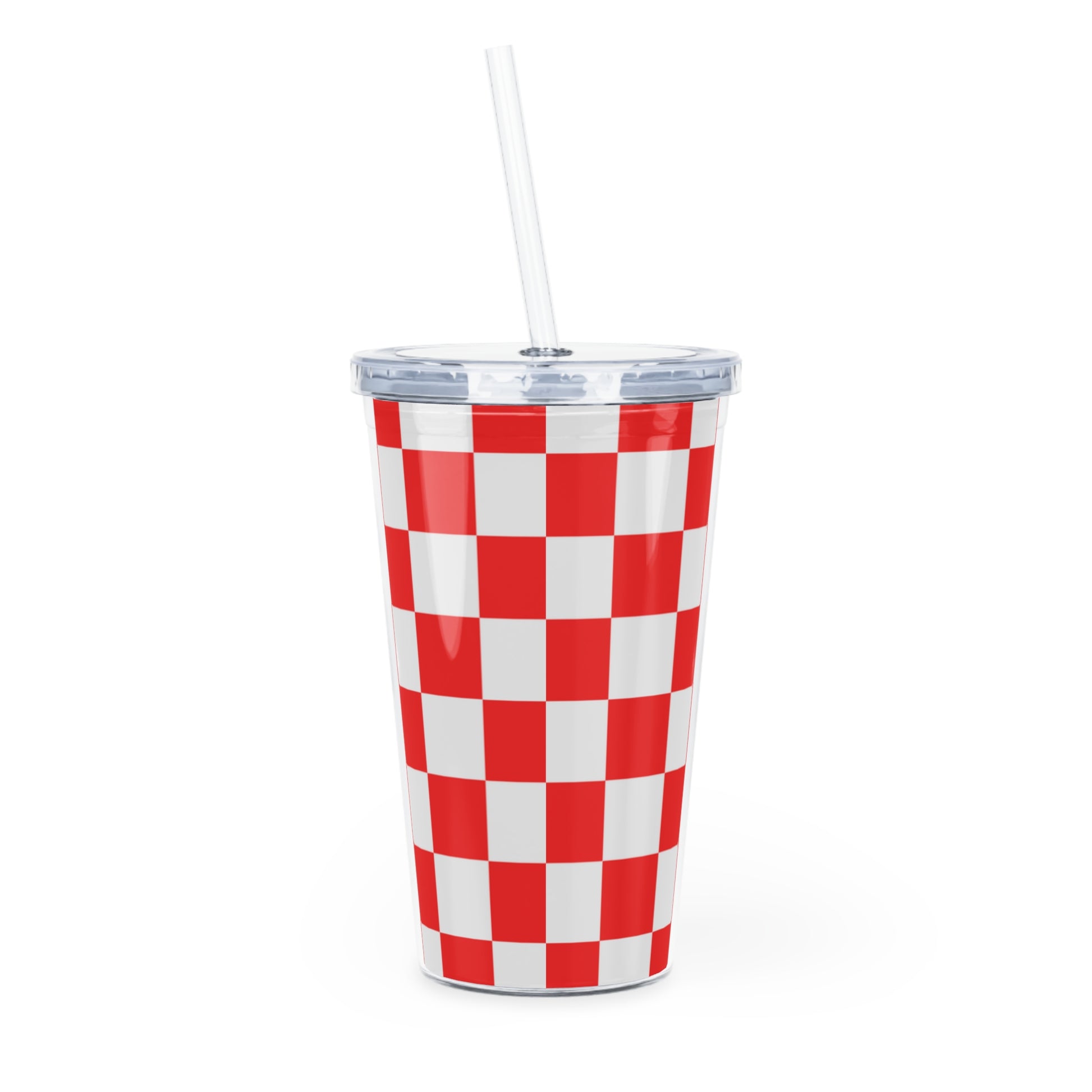 Checkerboard Red and White Plastic Tumbler with Straw, Artsulli - Art is Long, Life is Short, Mug, , , , , , , 