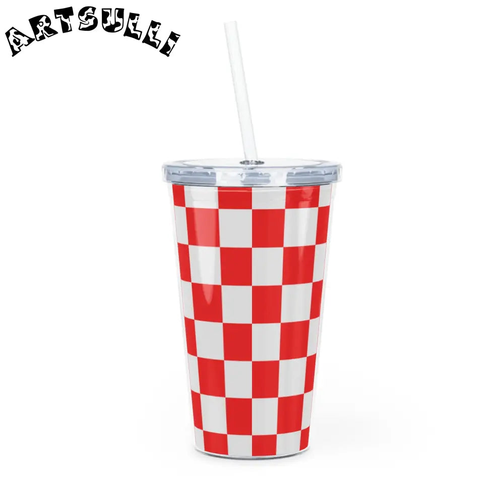JAKKOUTTHEBXX Checkerboard Red and White Plastic Tumbler with Straw