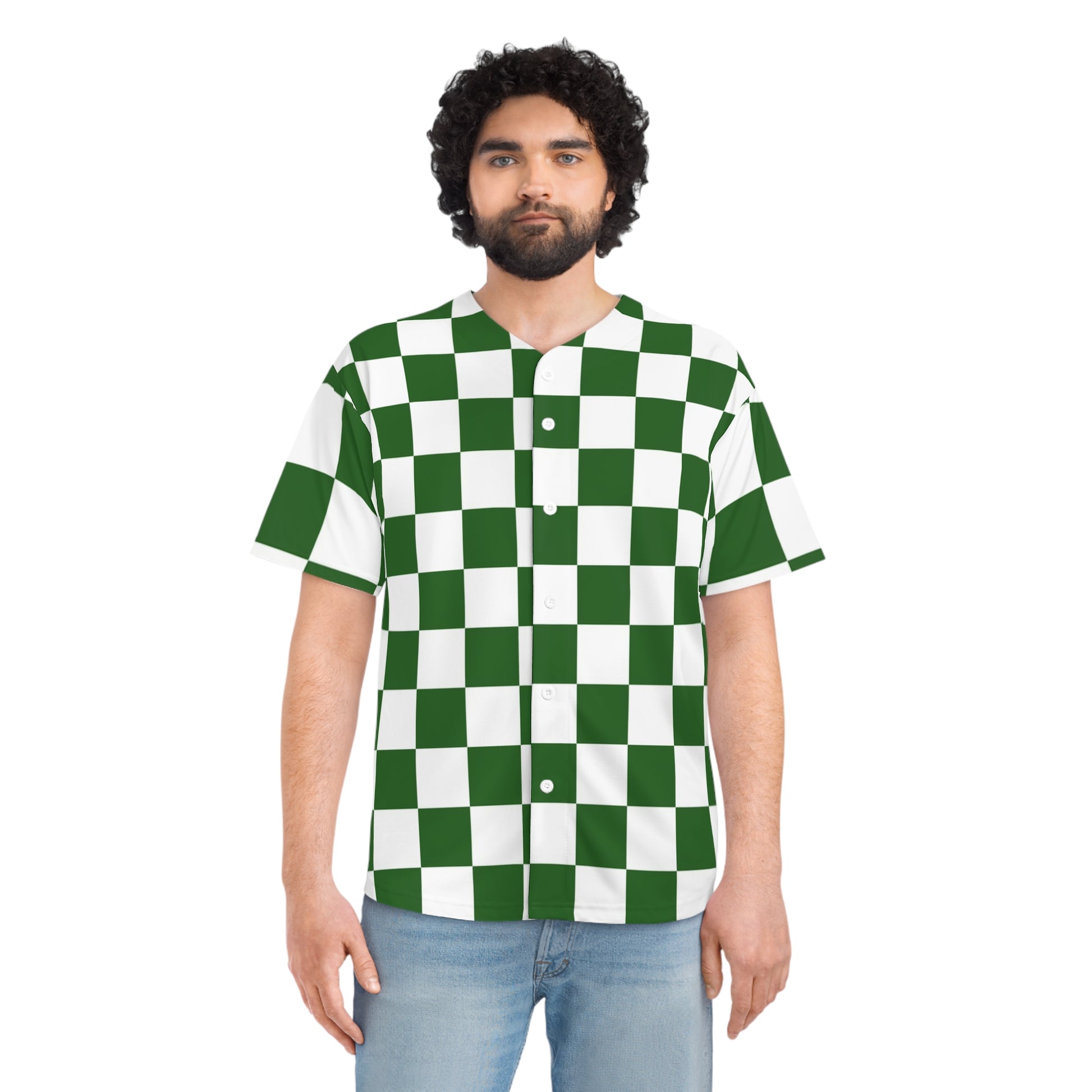 Checkerboard White and Dark Green Men's Baseball Jersey (AOP), Artsulli - Art is Long, Life is Short, All Over Prints, , , , , , , 