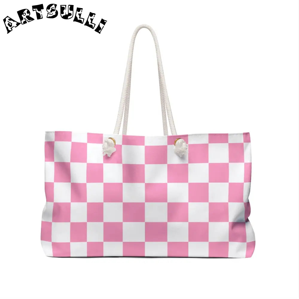 JAKKOUTTHEBXX Checkerboard Hot Pink and White Weekender Bag