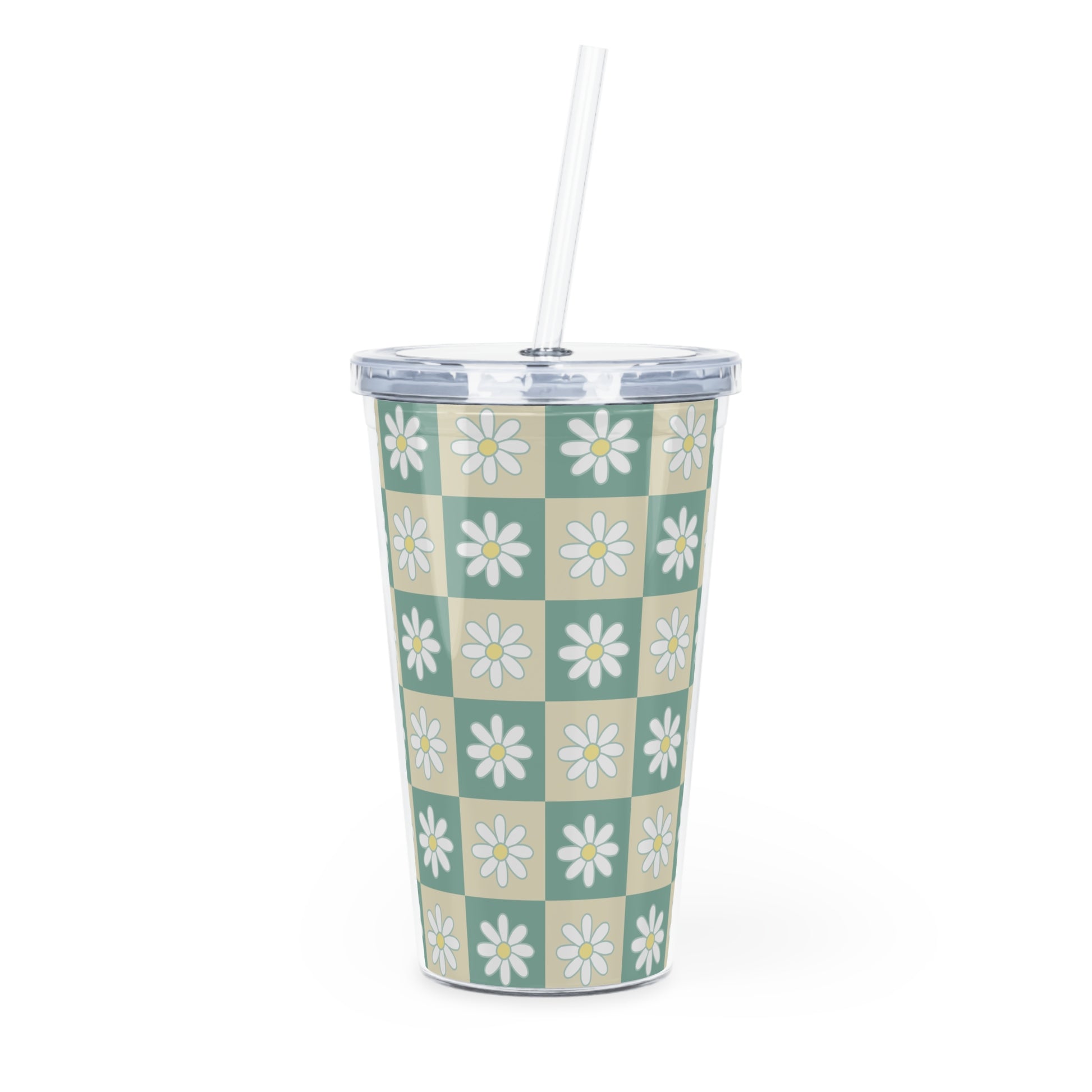 Retro Daisy Grid Plastic Tumbler with Straw, Artsulli - Art is Long, Life is Short, Mug, Size, 20oz, Color, Transparent, , , 18190900696021339487