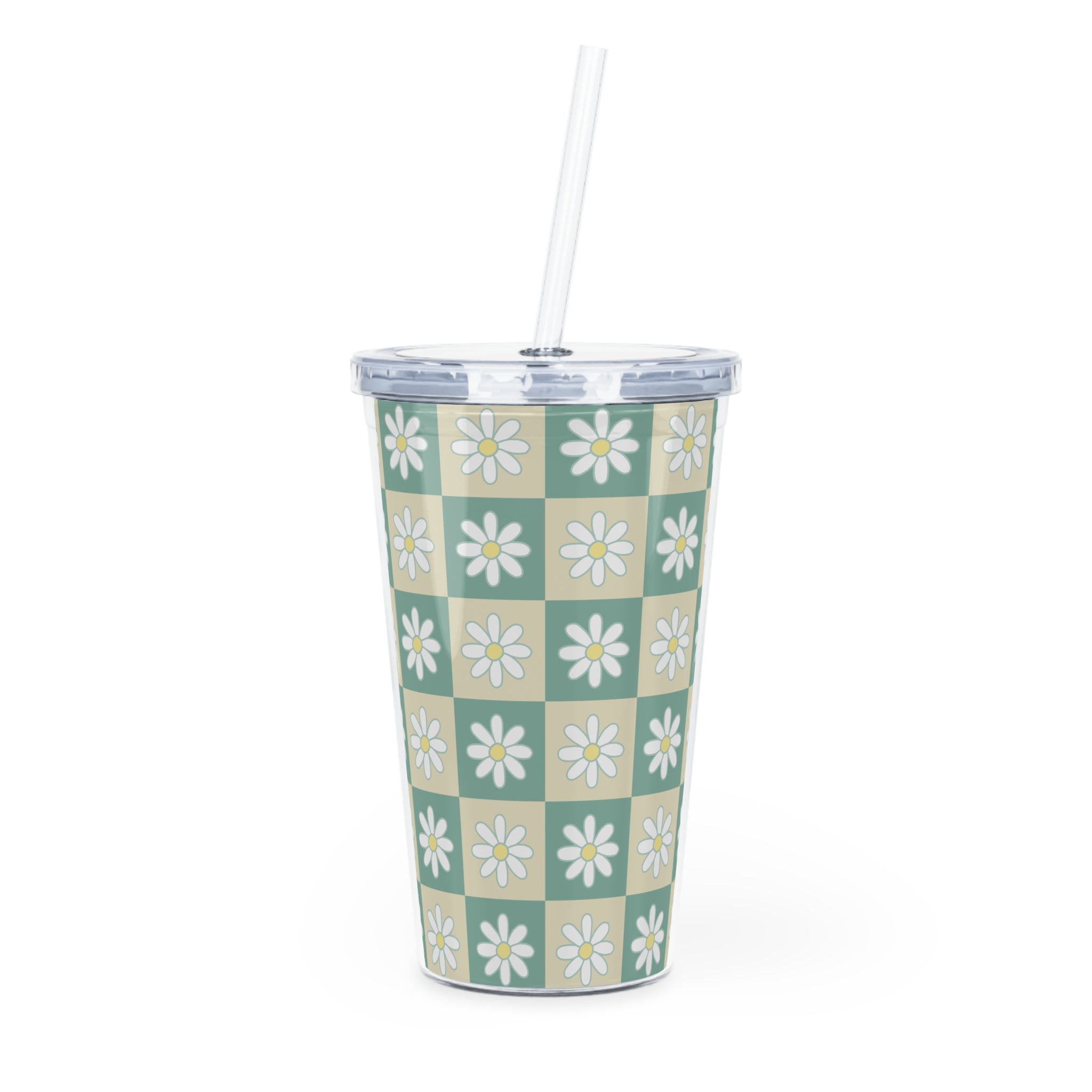 Retro Daisy Grid Plastic Tumbler with Straw, Artsulli - Art is Long, Life is Short, Mug, Size, 20oz, Color, Transparent, , , 18190900696021339487