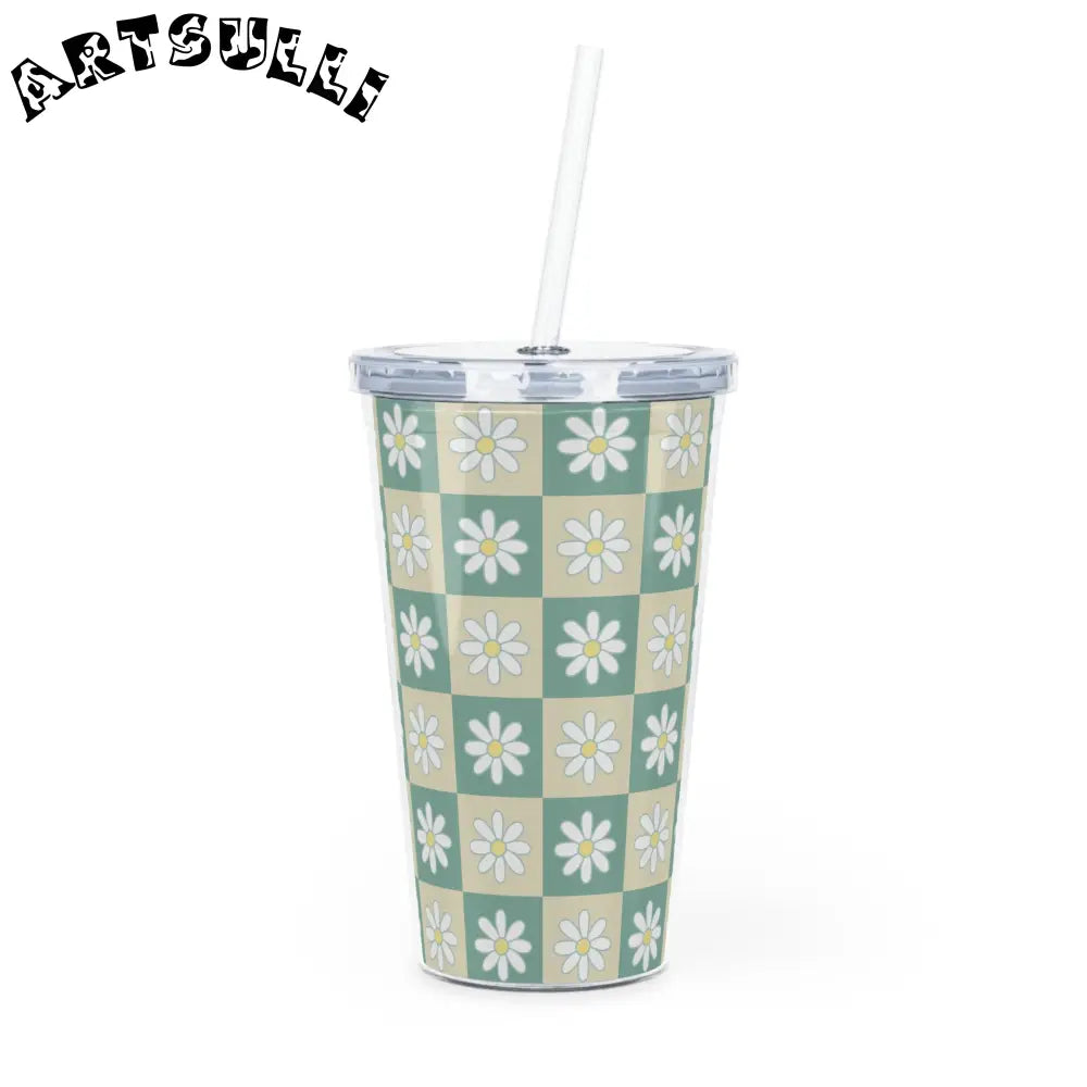 JAKKOUTTHEBXX Retro Daisy Grid Plastic Tumbler with Straw