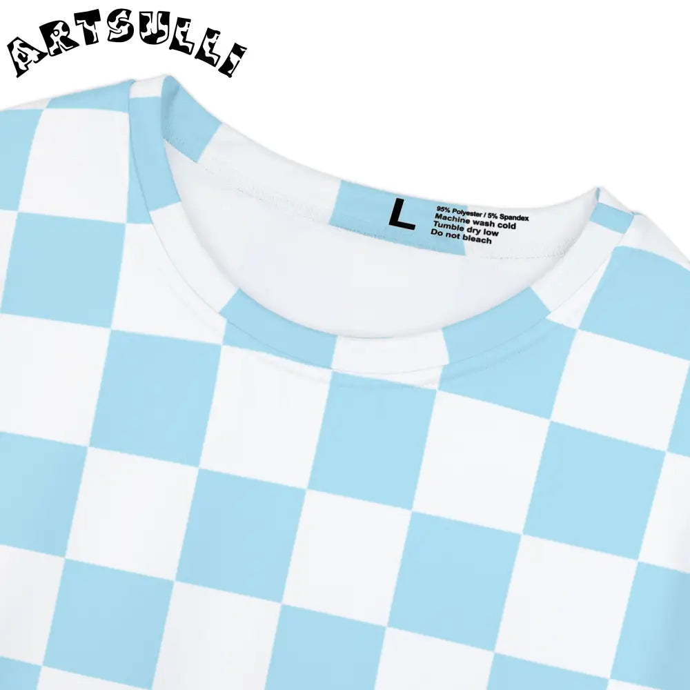 JAKKOUTTHEBXX Checkerboard Sky Blue Women’s Short Sleeve Shirt (AOP)