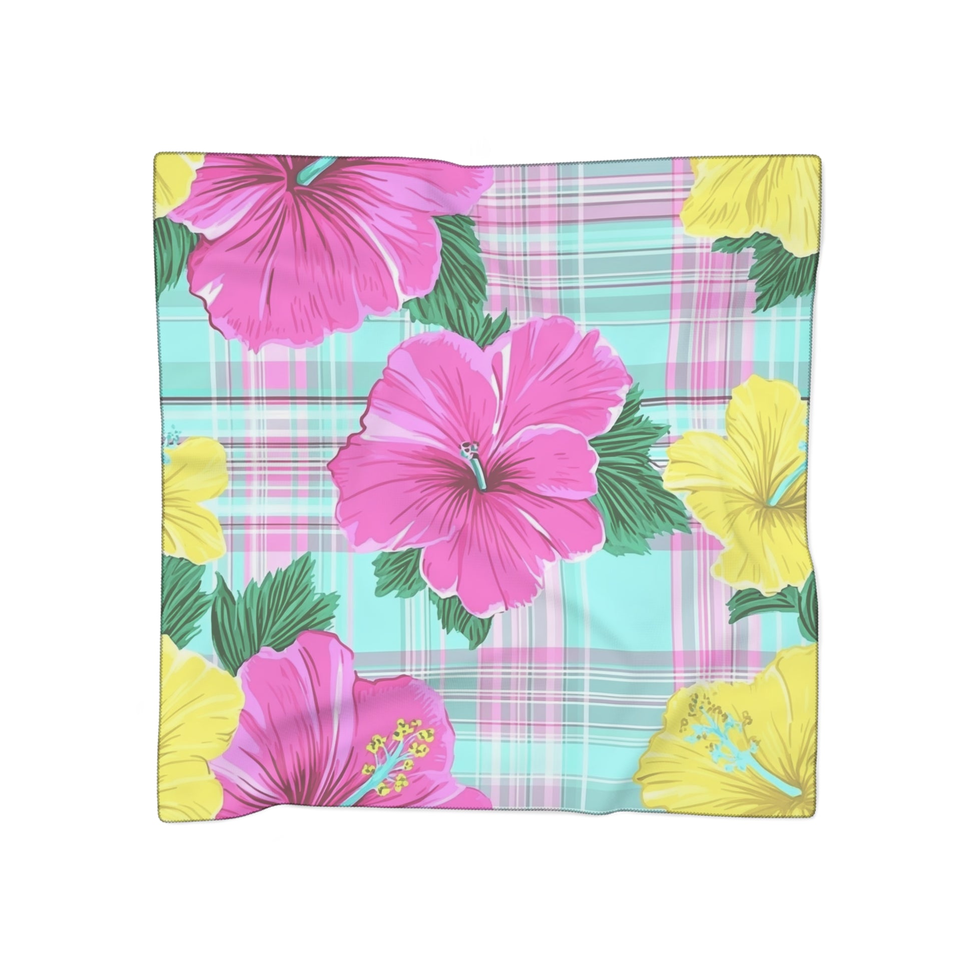 Plaid Hibiscus Pink and Yellow Poly Scarf, Artsulli - Art is Long, Life is Short, Accessories, Color, Poly chiffon, Size, 50" × 50", , , 30274859754475955172
