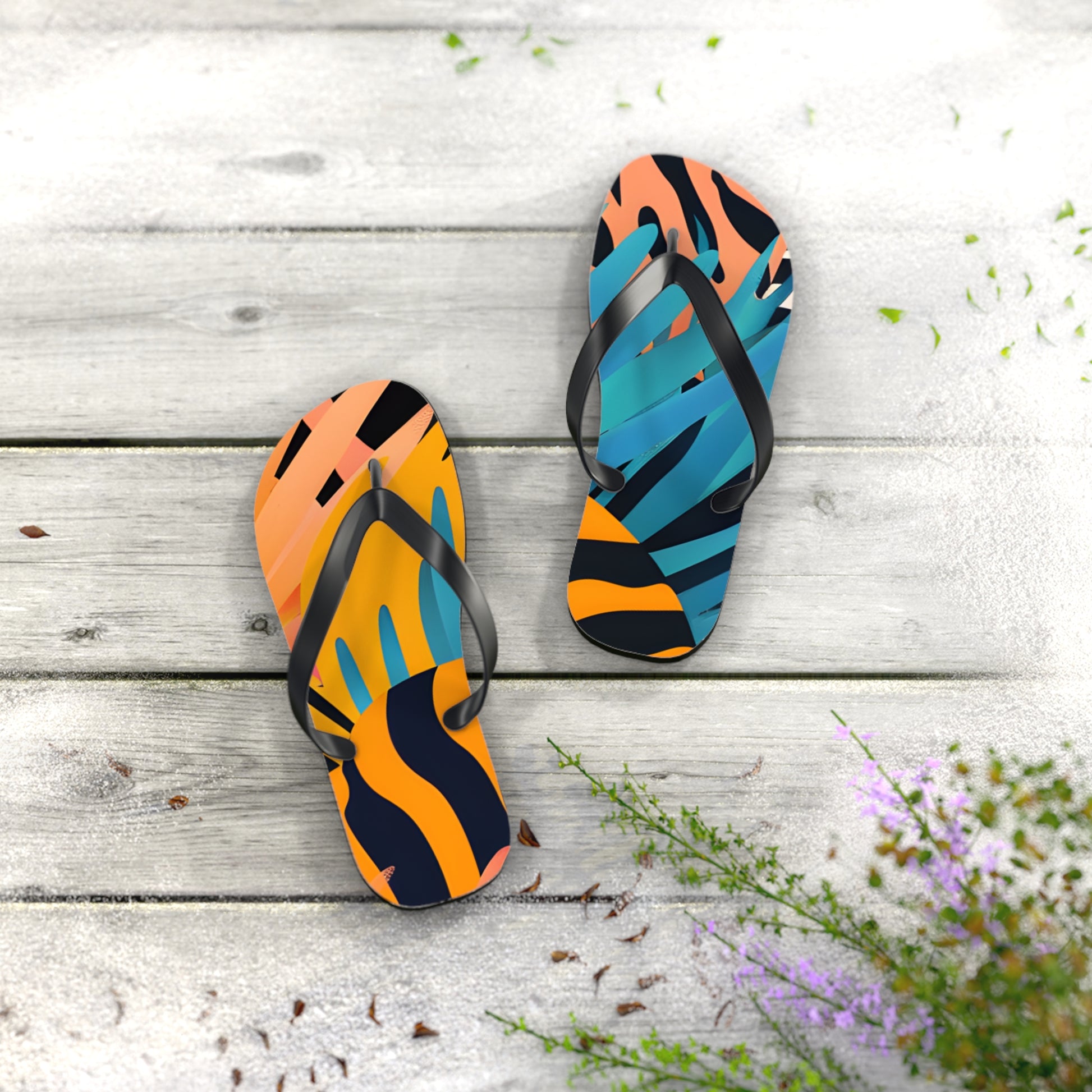 Palm Leaves x Zebra Stripes x  Tiger Stripes Orange and Blue Flip Flops, Artsulli - Art is Long, Life is Short, Shoes, , , , , , , 