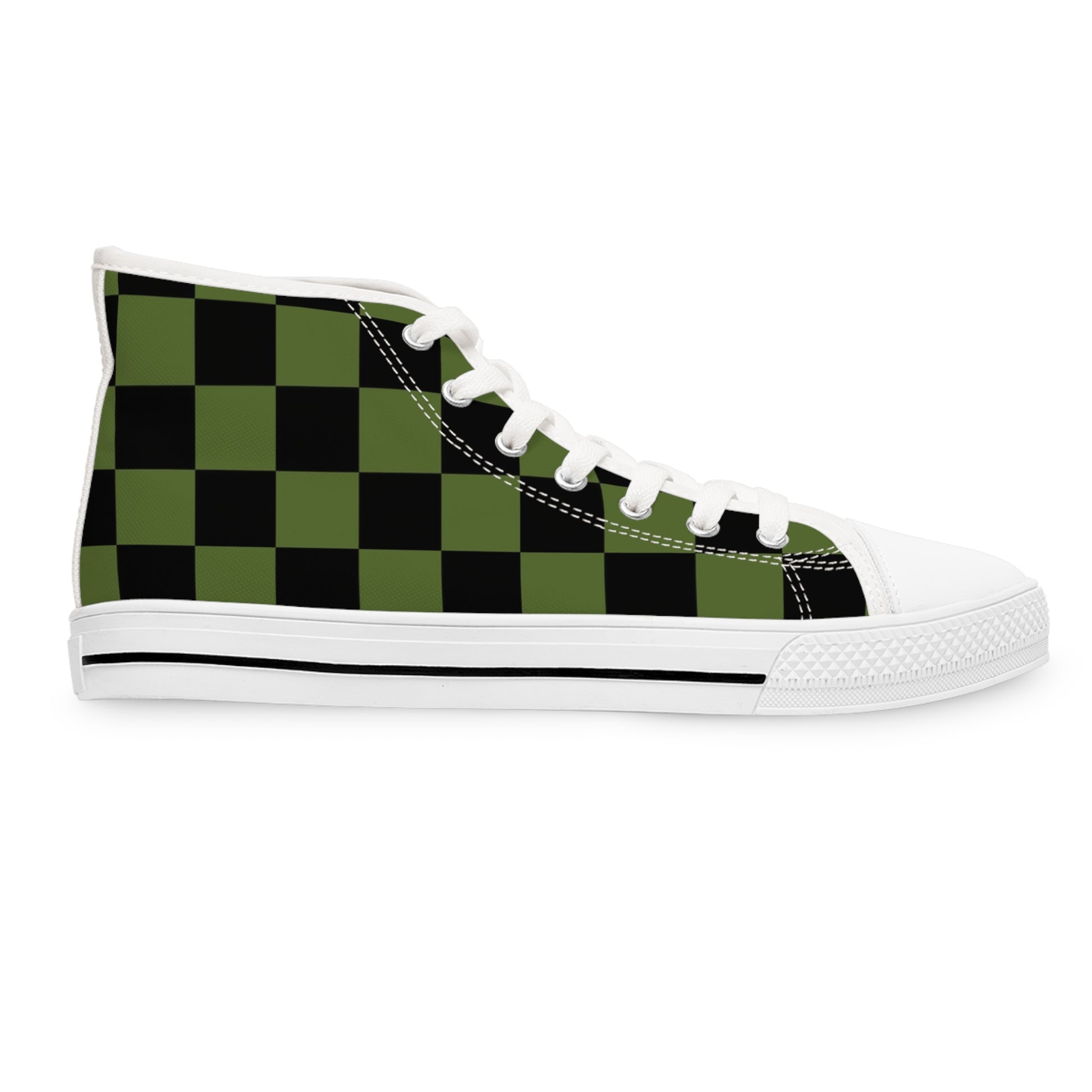 Checkerboard Olive Green and Black Women's High Top Sneakers, Artsulli - Art is Long, Life is Short, Shoes, , , , , , , 