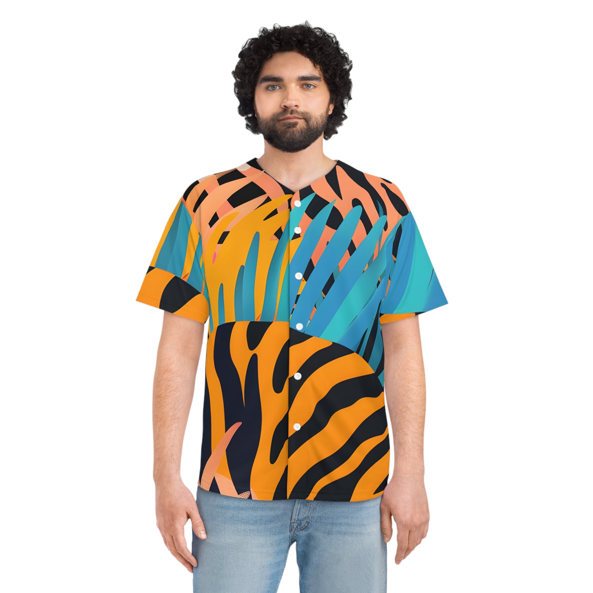 Palm Leaves x Zebra Stripes x Tiger Stripes Orange and Blue Men's Baseball Jersey (AOP), Artsulli - Art is Long, Life is Short, All Over Prints, , , , , , , 