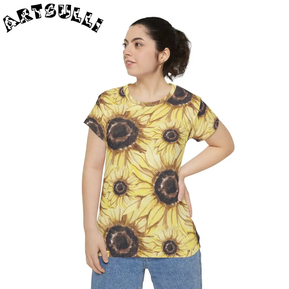 JAKKOUTTHEBXX Retro Anime Sunflower Women’s Short Sleeve Shirt (AOP)