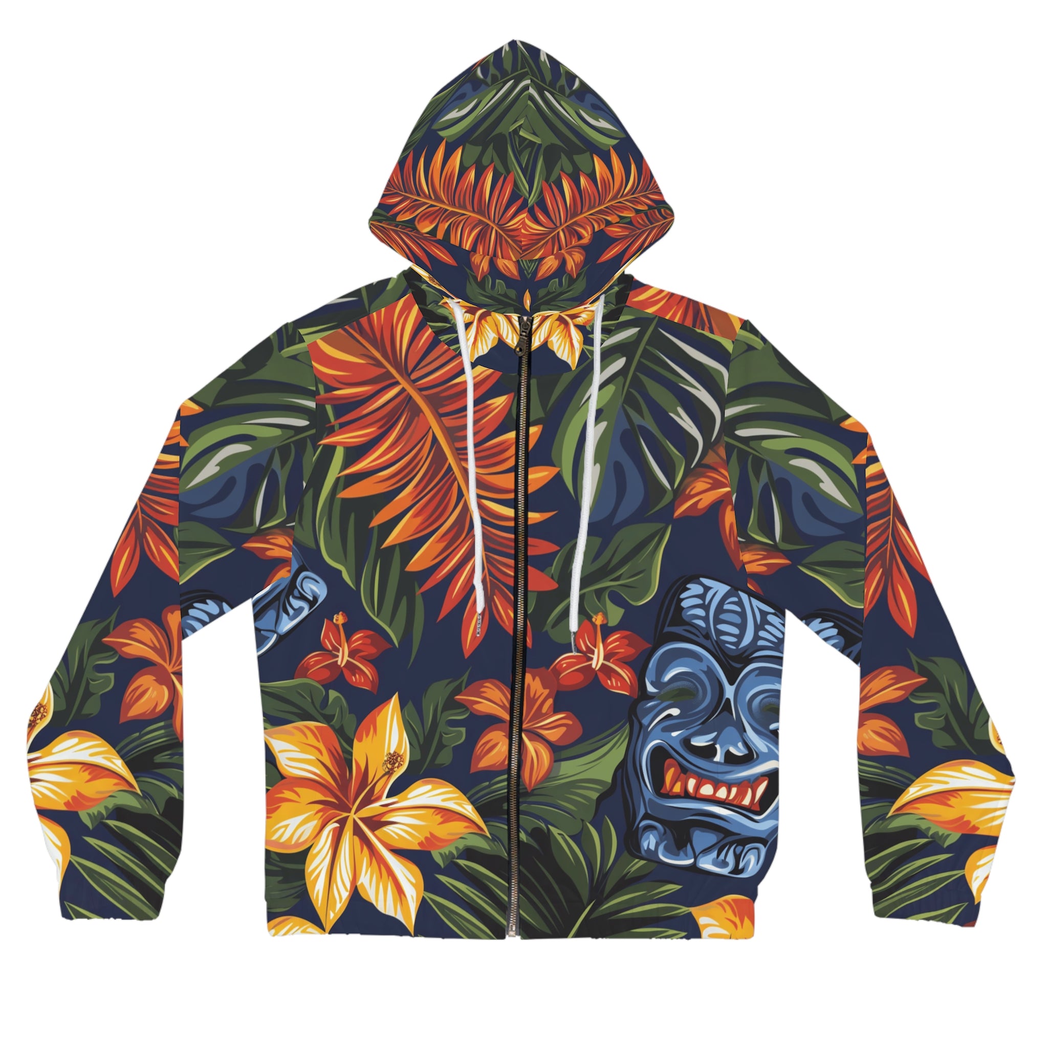 Tiki Bloom Navy Women’s Full-Zip Hoodie (AOP), Artsulli - Art is Long, Life is Short, All Over Prints, Size, XS, Color, White, , , 92526087812686528079