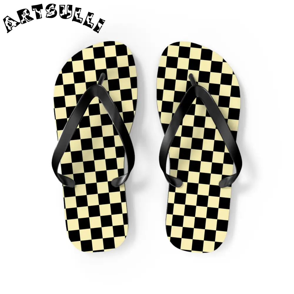 JAKKOUTTHEBXX Checkerboard Black and Yellow Flip Flops JAKKOUTTHEBXX