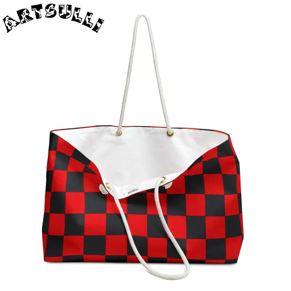 JAKKOUTTHEBXX Checkerboard Red and Black Weekender Bag JAKKOUTTHEBXX