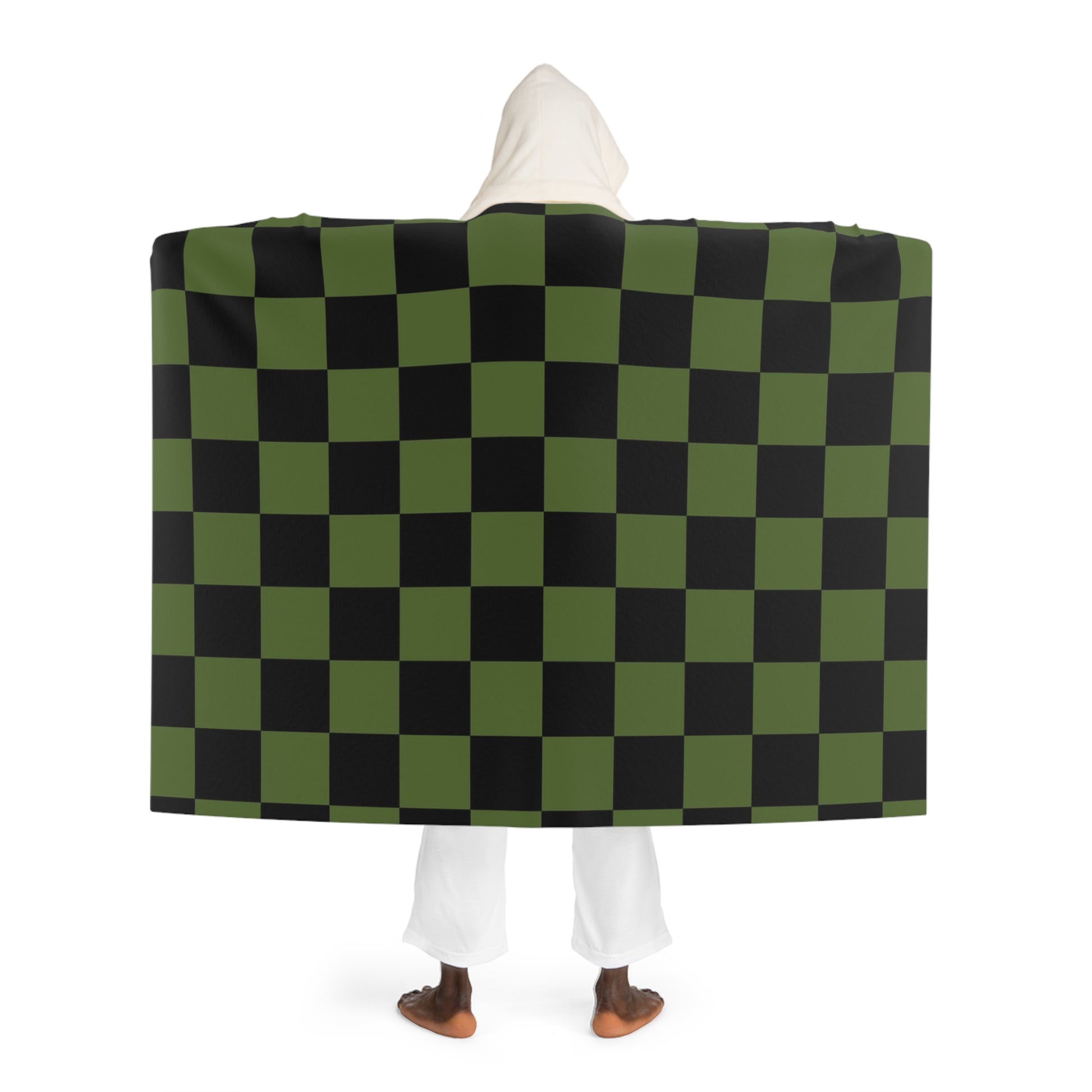 Checkerboard Olive Green and Black Hooded Sherpa Fleece Blanket, Artsulli - Art is Long, Life is Short, All Over Prints, , , , , , , 