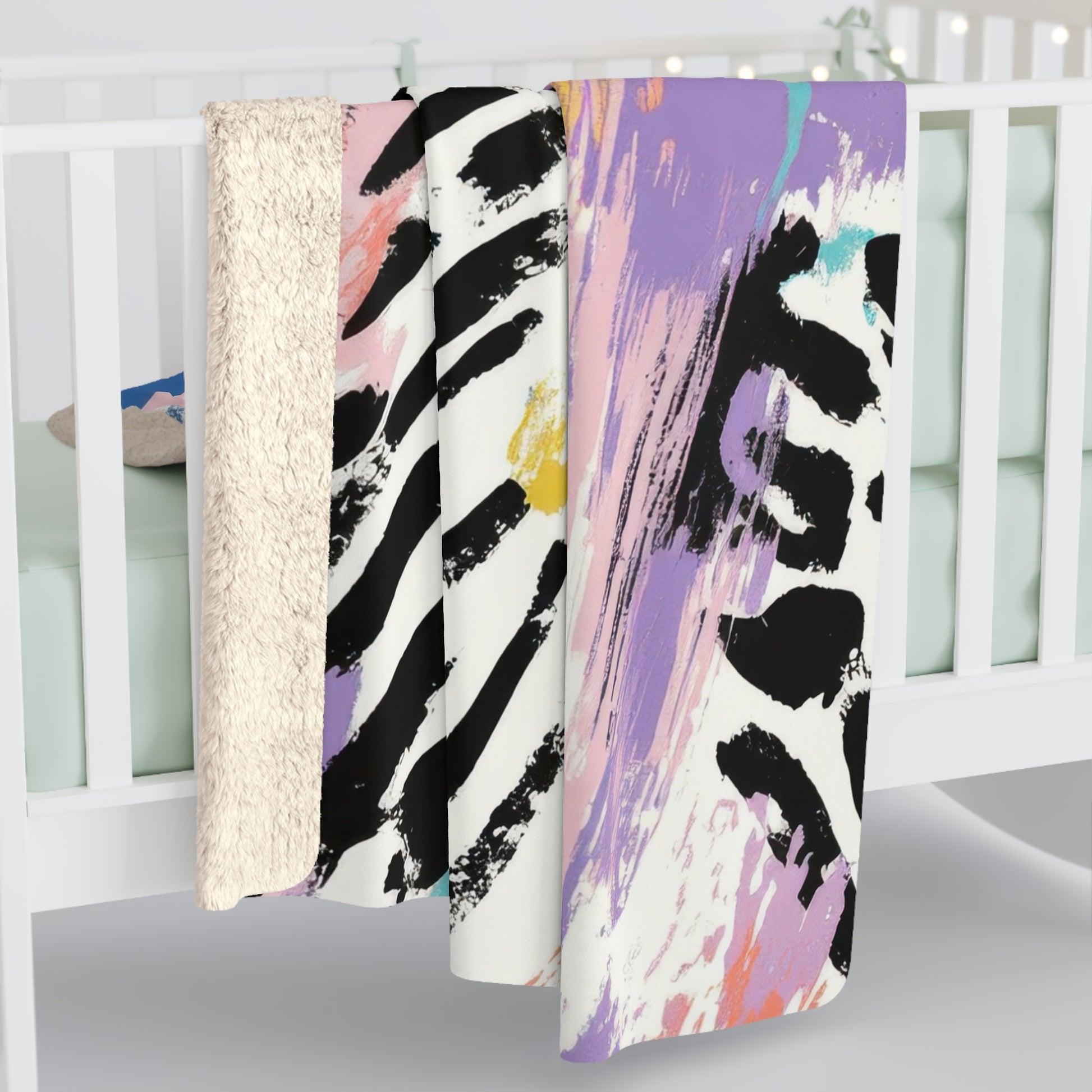 Wild Zebra Stripes x Paint Brush Strokes Multi-Color II Sherpa Fleece Blanket, Artsulli - Art is Long, Life is Short, Home Decor, , , , , , , 