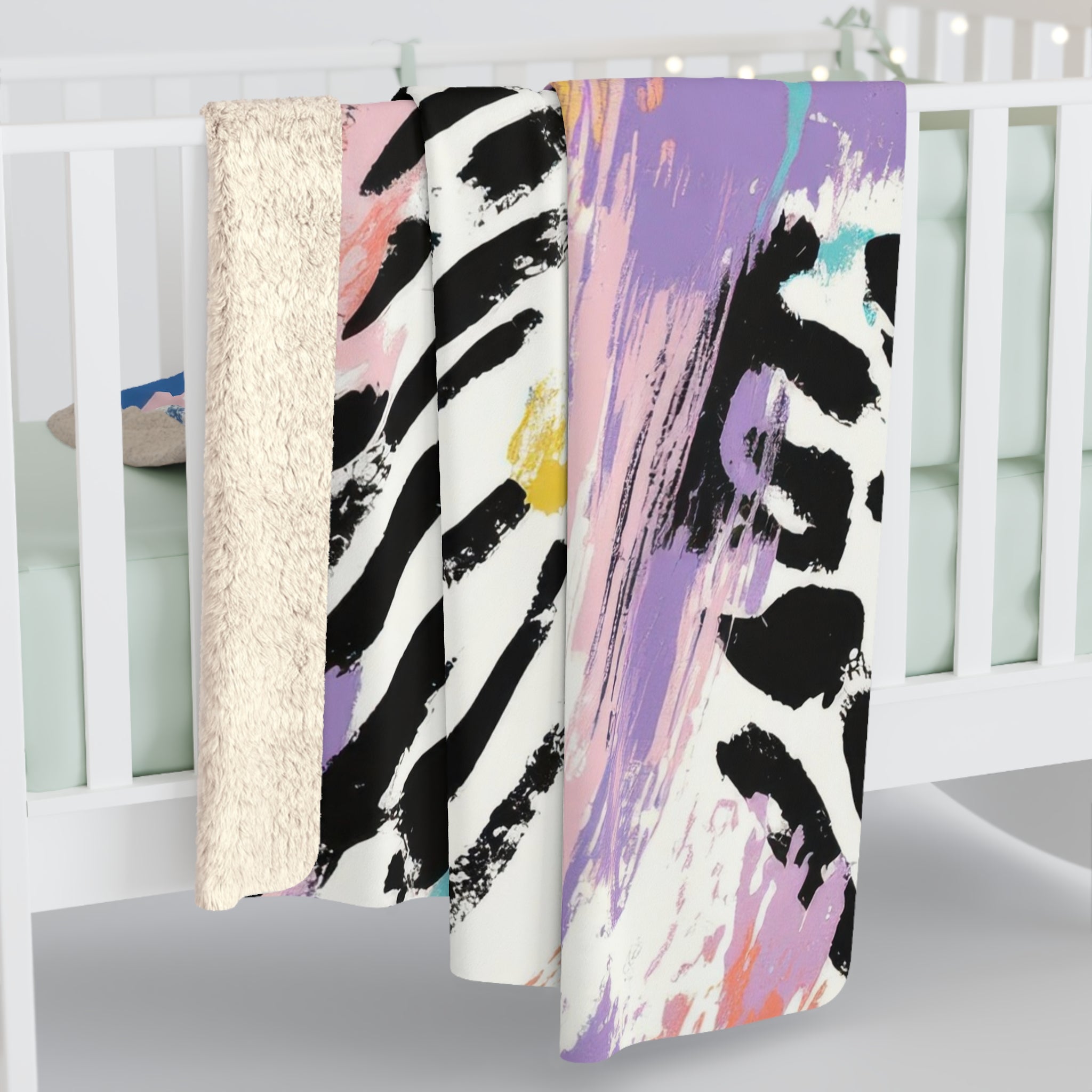 Wild Zebra Stripes x Paint Brush Strokes Multi-Color II Sherpa Fleece Blanket, Artsulli - Art is Long, Life is Short, Home Decor, , , , , , , 