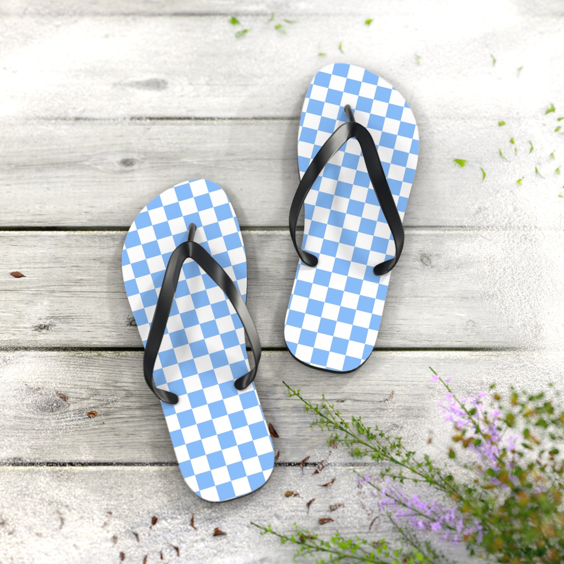 Checkerboard White and Light Blue Flip Flops, Artsulli - Art is Long, Life is Short, Shoes, , , , , , , 