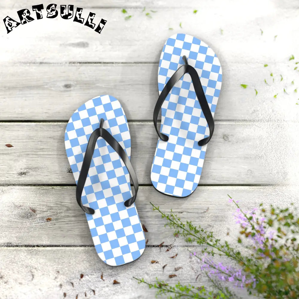 JAKKOUTTHEBXX Checkerboard White and Light Blue Flip Flops