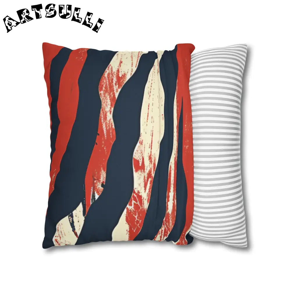 JAKKOUTTHEBXX Abstract Red White Navy Blue Wavy Stripe Square Pillow