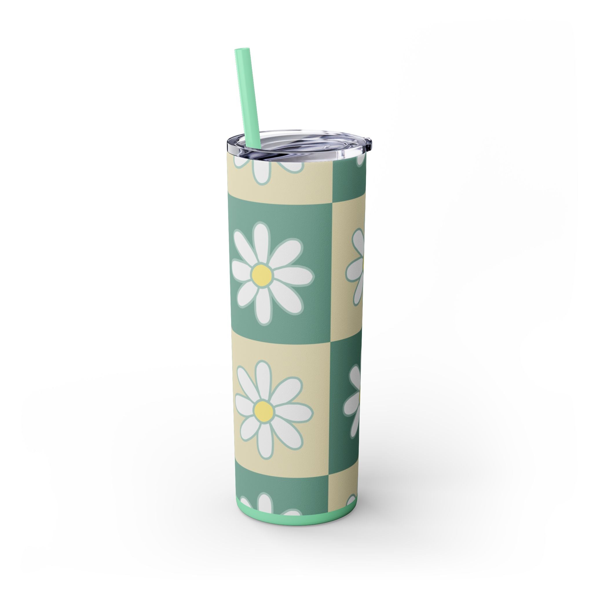 Retro Daisy Checkerboard Green and Tan Skinny Tumbler with Straw, 20oz, Artsulli - Art is Long, Life is Short, Mug, , , , , , , 