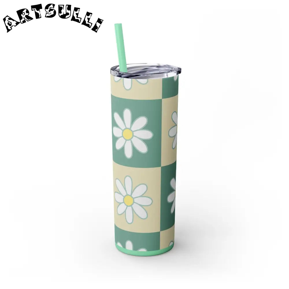 JAKKOUTTHEBXX Retro Daisy Checkerboard Green and Tan Skinny Tumbler