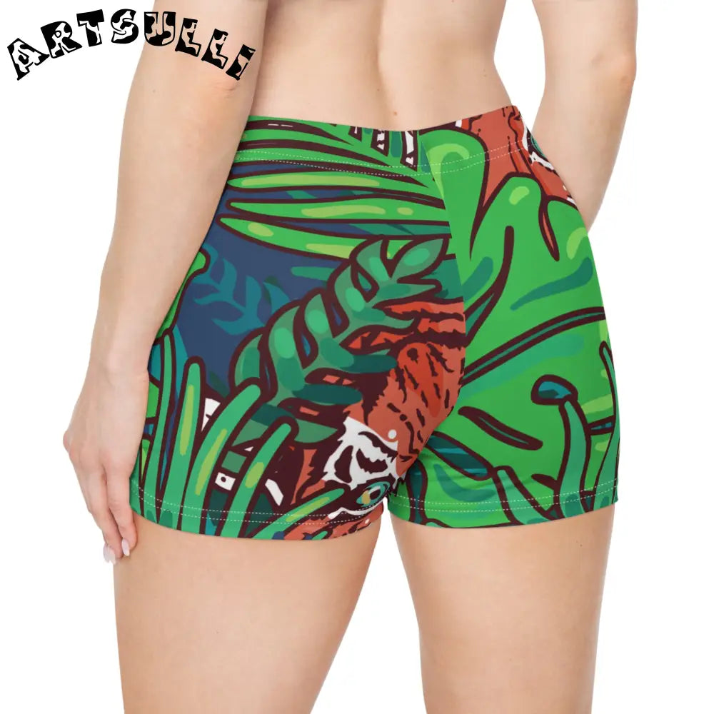 JAKKOUTTHEBXX Tropical Jungle Tigers Blue and Green Women’s Shorts