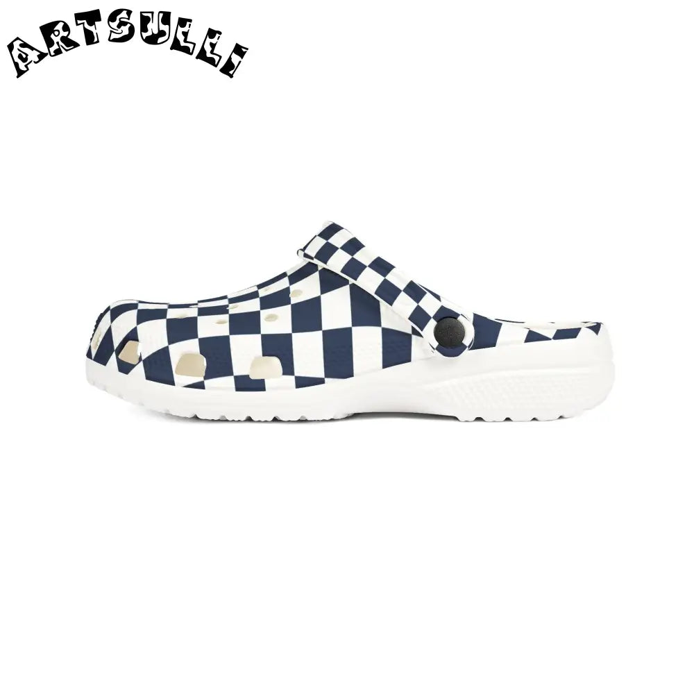 JAKKOUTTHEBXX Checkerboard White and Navy Blue EVA Foam Rubber Shoes