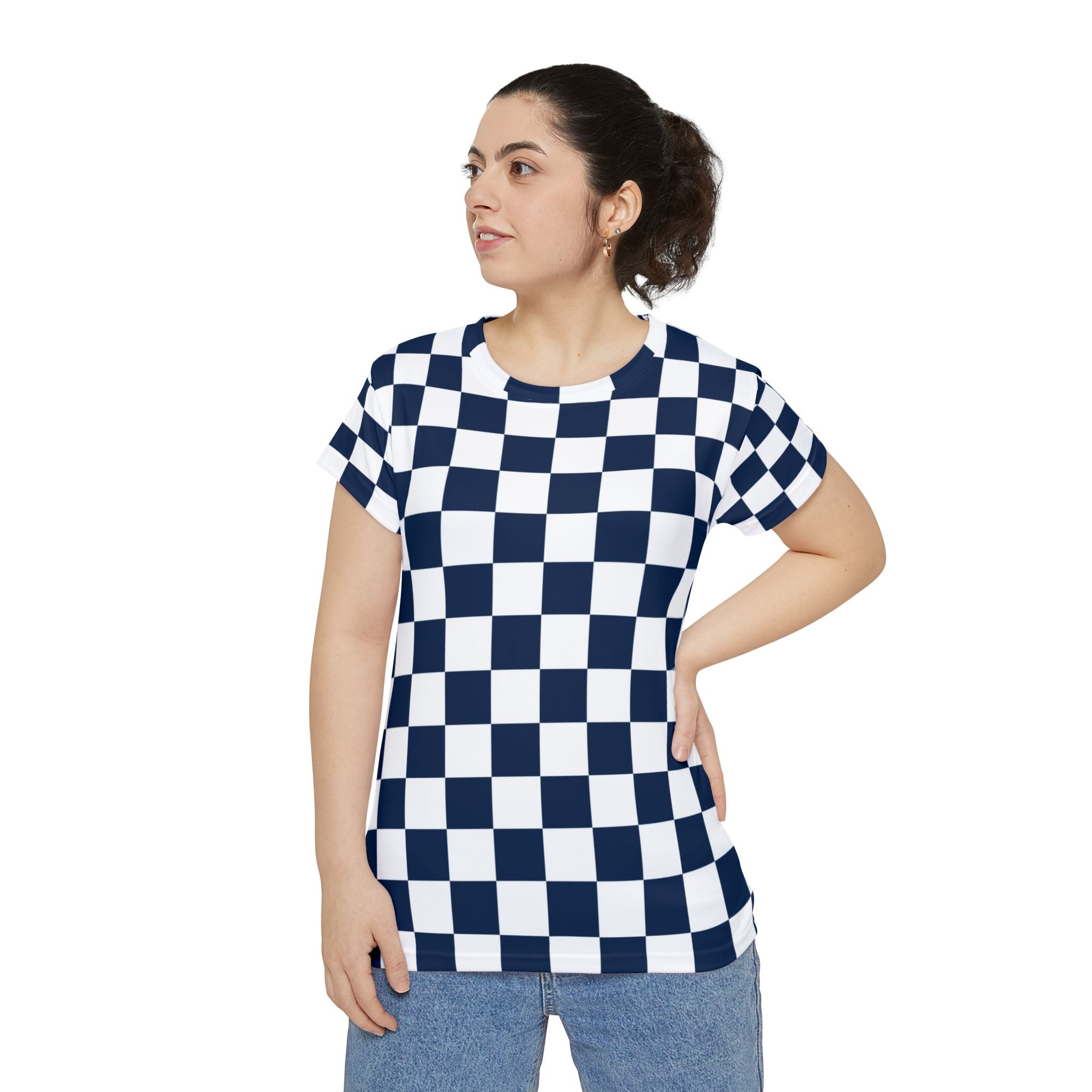 Checkerboard White and Navy Blue Women's Short Sleeve Shirt (AOP), Artsulli - Art is Long, Life is Short, All Over Prints, , , , , , , 