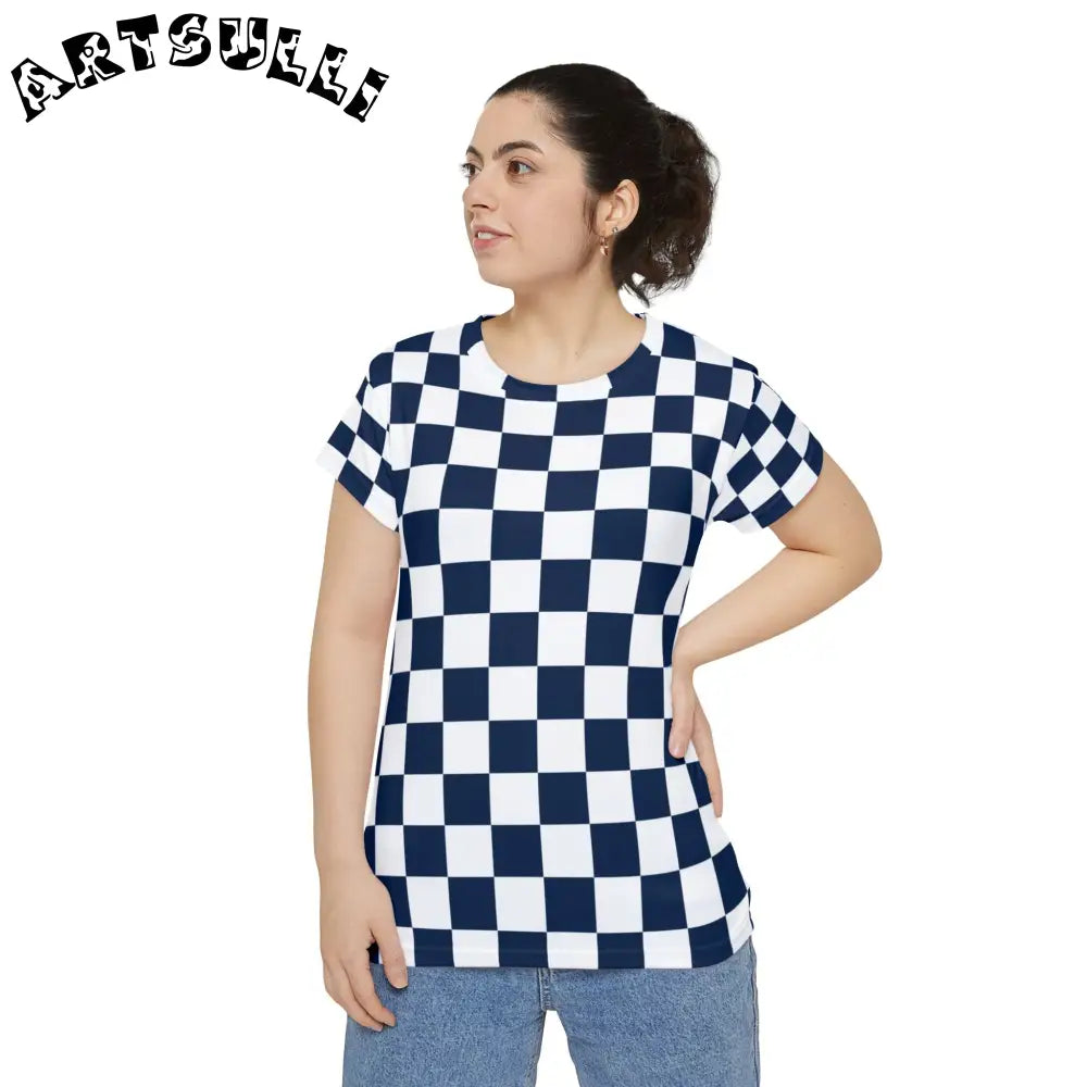 JAKKOUTTHEBXX Checkerboard White and Navy Blue Women’s Short Sleeve