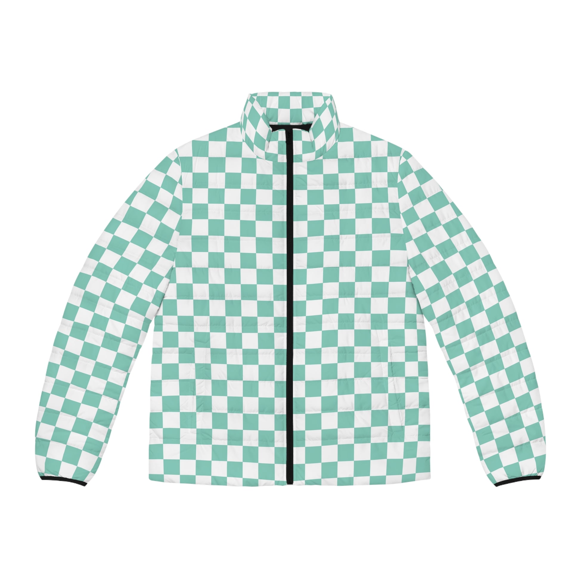 Checkerboard Light Green Men's Puffer Jacket (AOP), Artsulli - Art is Long, Life is Short, All Over Prints, Size, S, Color, Black zipper, , , 11578157530503974613