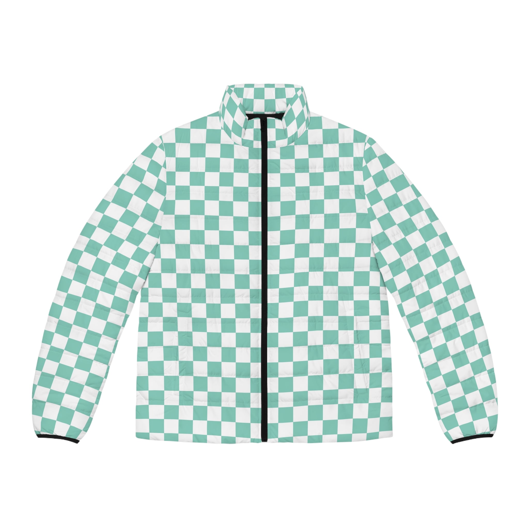 Checkerboard Light Green Men's Puffer Jacket (AOP), Artsulli - Art is Long, Life is Short, All Over Prints, Size, S, Color, Black zipper, , , 11578157530503974613