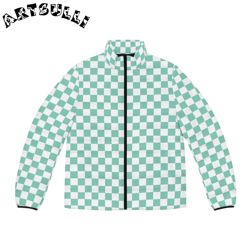 JAKKOUTTHEBXX Checkerboard Light Green Men’s Puffer Jacket (AOP)