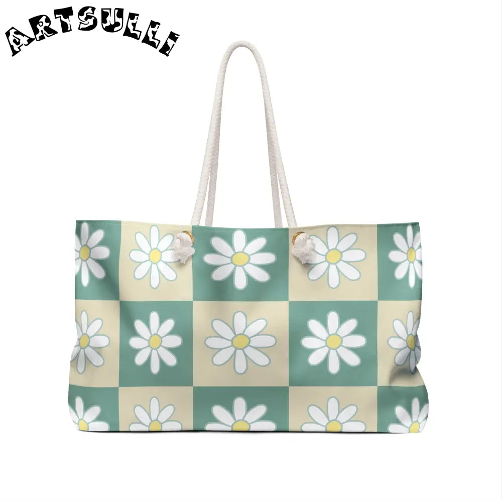JAKKOUTTHEBXX Retro Daisy Checkerboard Green and Tan Weekender Bag