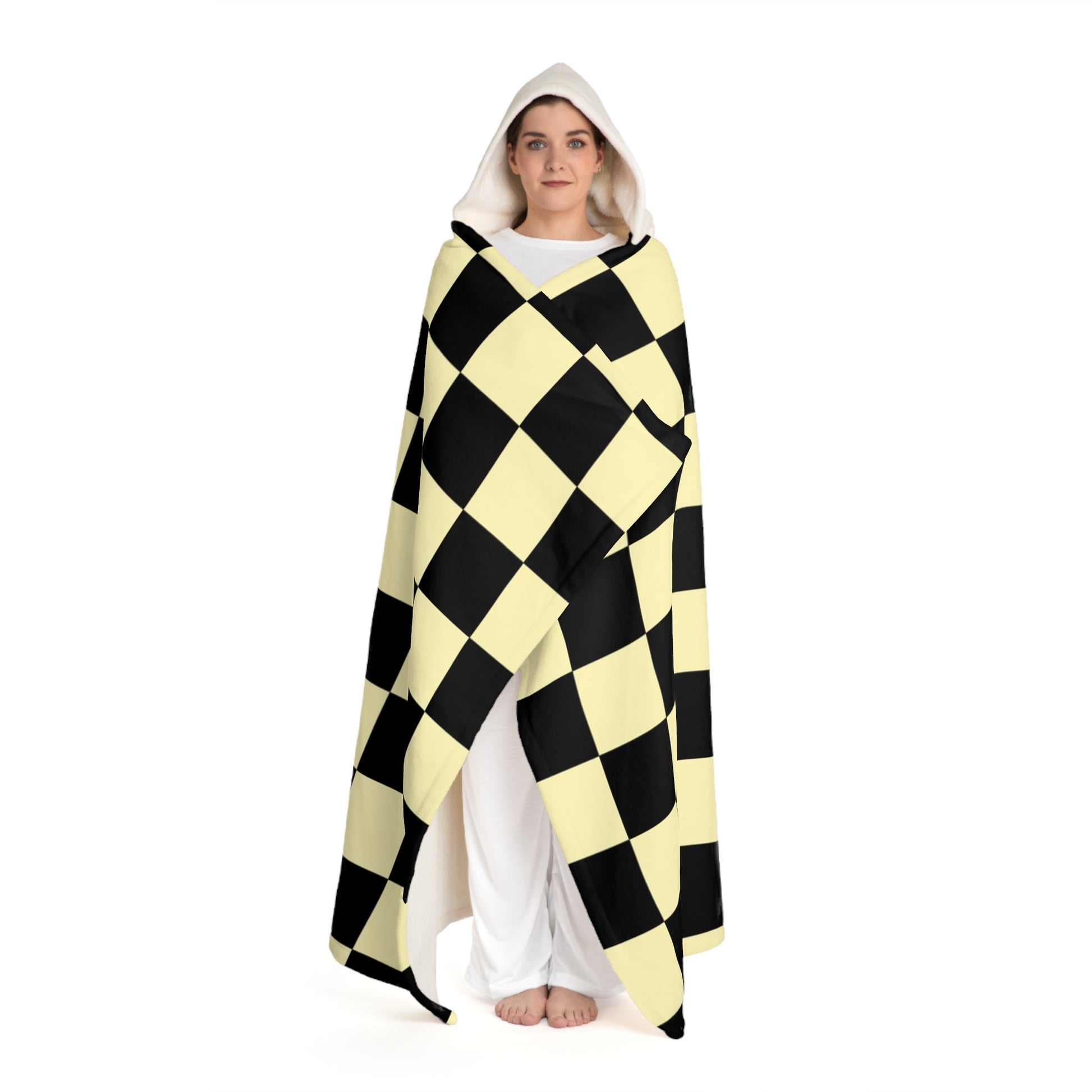 Checkerboard Black and Yellow Hooded Sherpa Fleece Blanket, Artsulli - Art is Long, Life is Short, All Over Prints, , , , , , , 