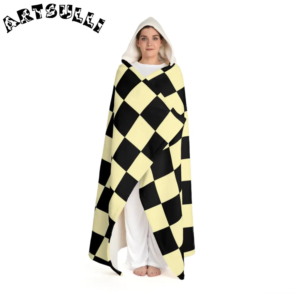 JAKKOUTTHEBXX Checkerboard Black and Yellow Hooded Sherpa Fleece