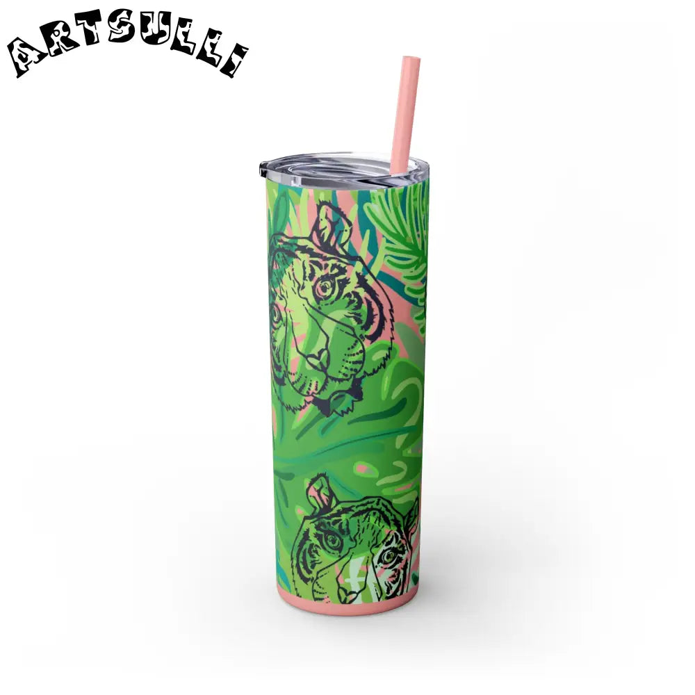 JAKKOUTTHEBXX Tropical Jungle Tigers Green Skinny Tumbler with Straw