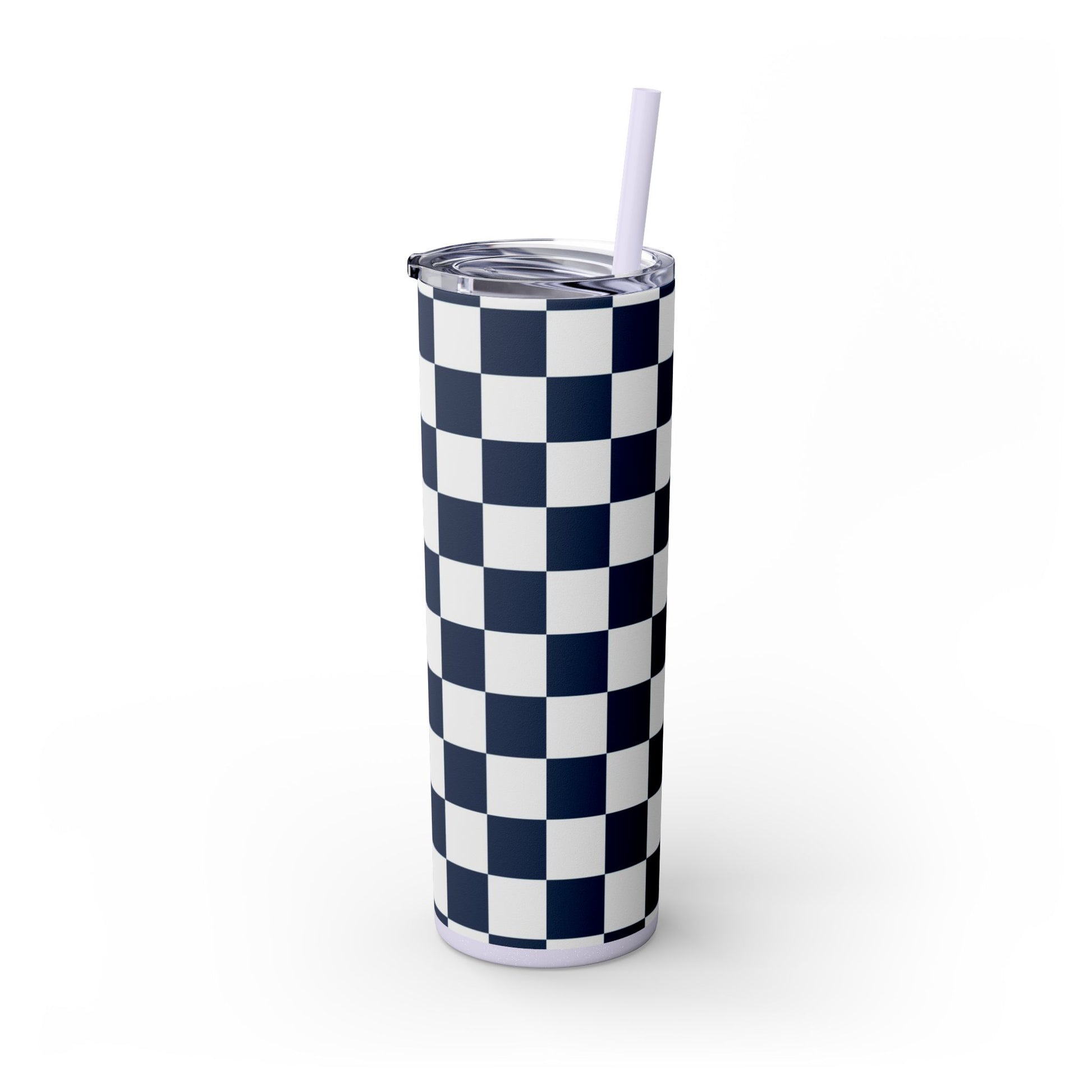 Checkerboard White and Navy Blue Skinny Tumbler with Straw, 20oz, Artsulli - Art is Long, Life is Short, Mug, , , , , , , 