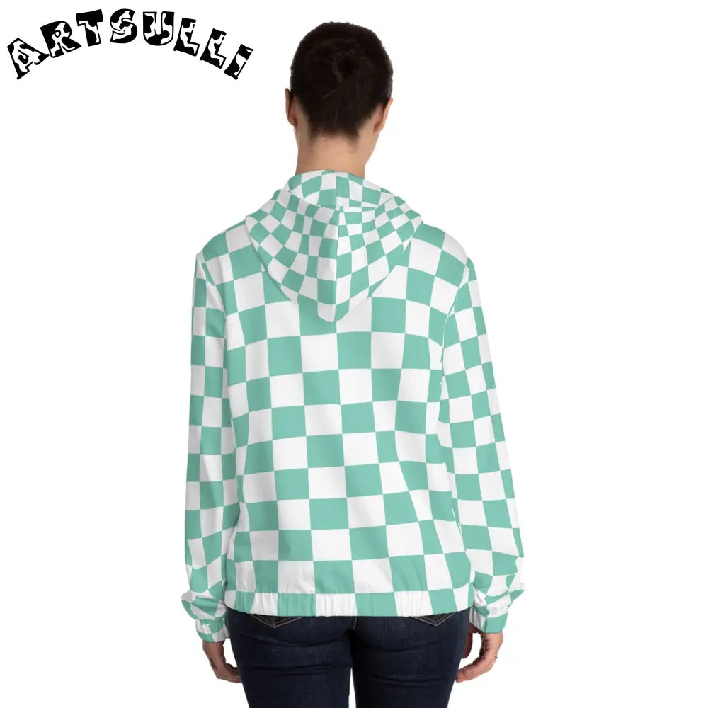 JAKKOUTTHEBXX Checkerboard Light Green Women’s Full-Zip Hoodie (AOP)